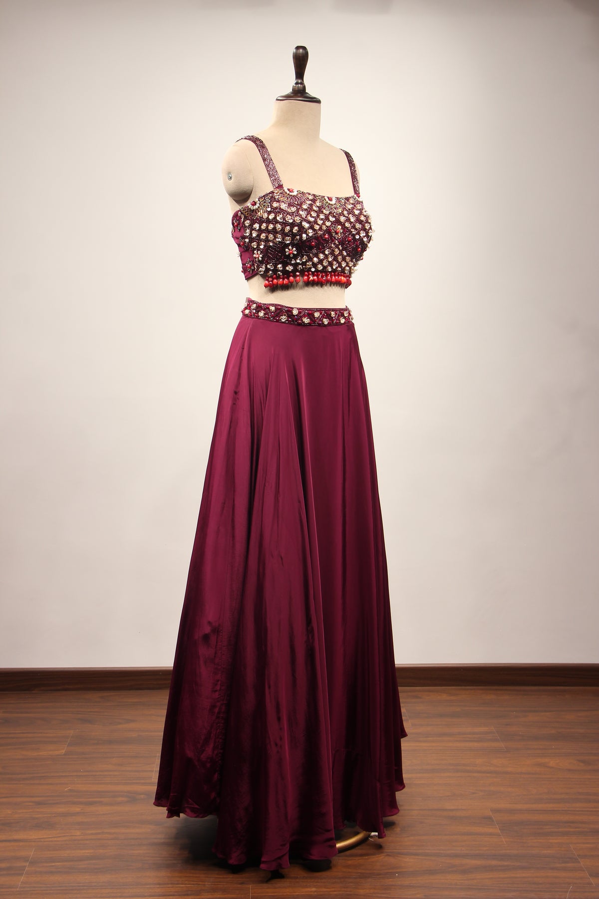 Wine Crepe Lehenga with Stone & Sequin Handwork Crop Top Shrug