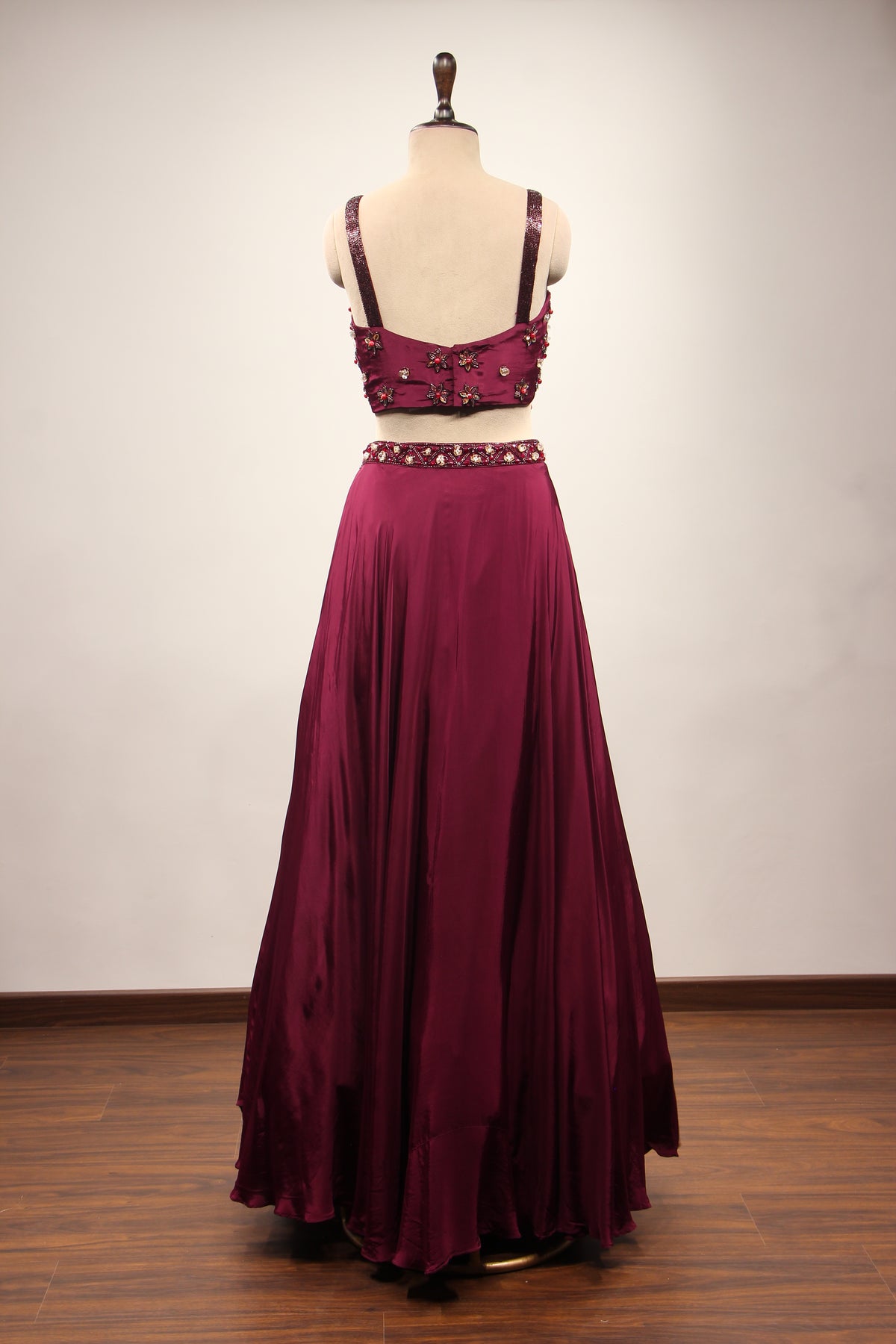 Wine Crepe Lehenga with Stone & Sequin Handwork Crop Top Shrug