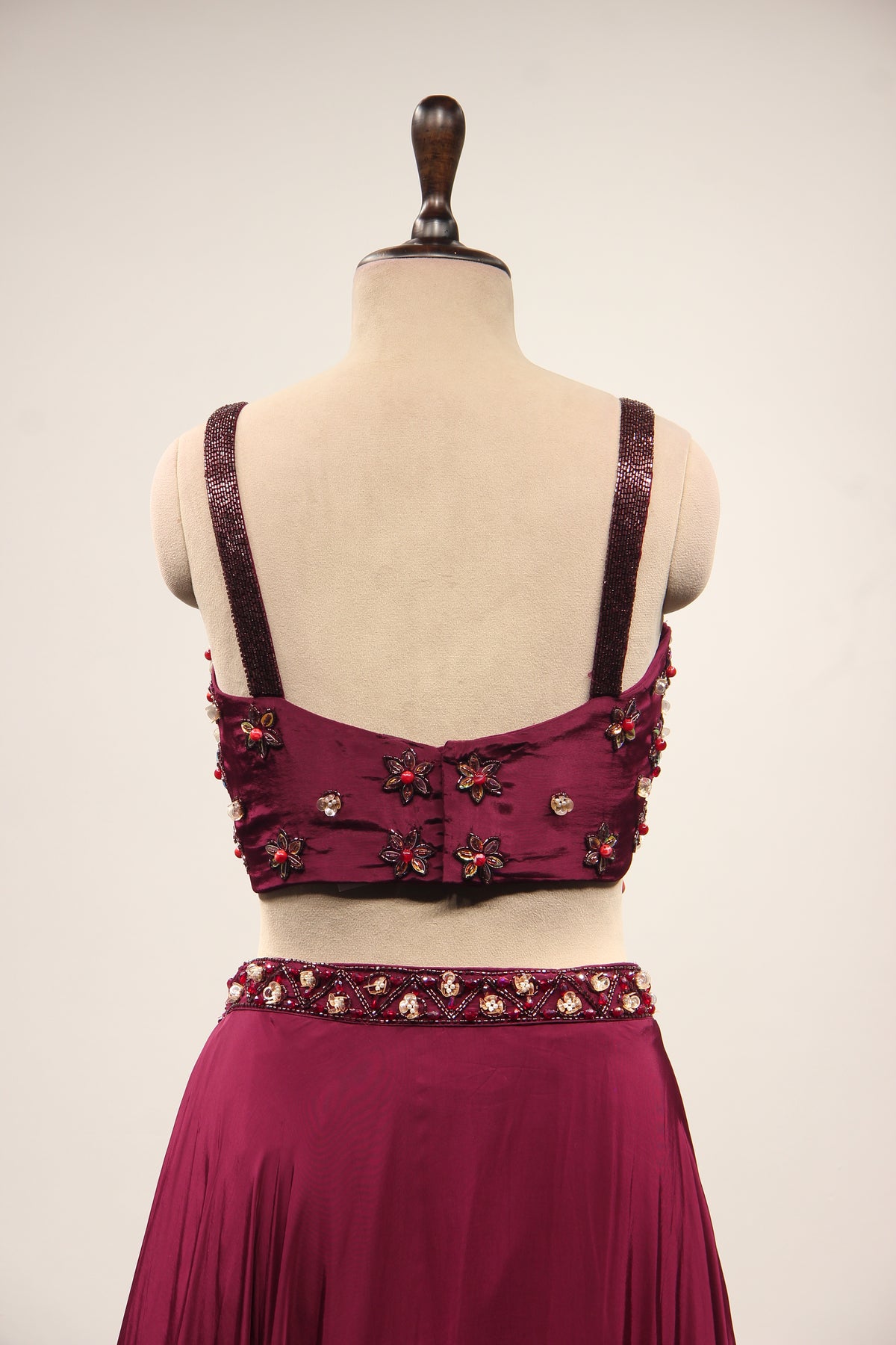 Wine Crepe Lehenga with Stone & Sequin Handwork Crop Top Shrug