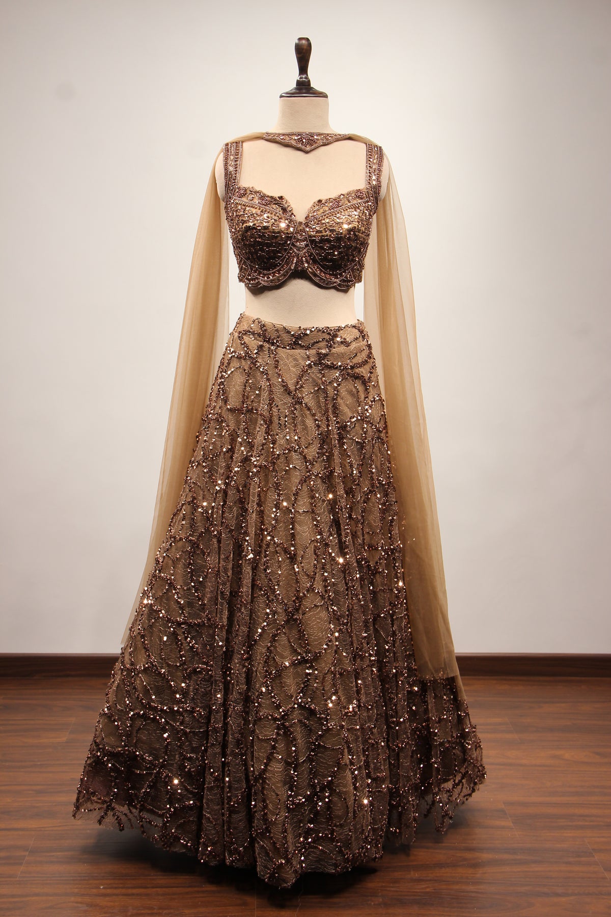 Coffee Imported Lehenga with Mirror & Cut Dana Handwork Crop Top – front view