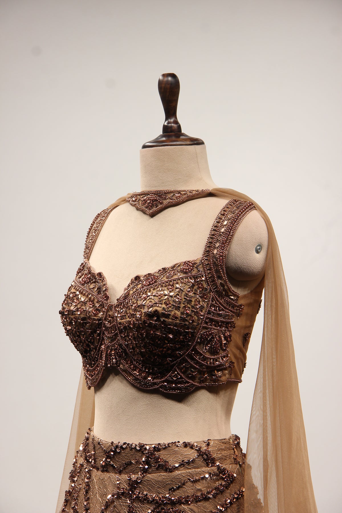 Coffee Imported Lehenga with Mirror & Cut Dana Handwork Crop Top – side close-up