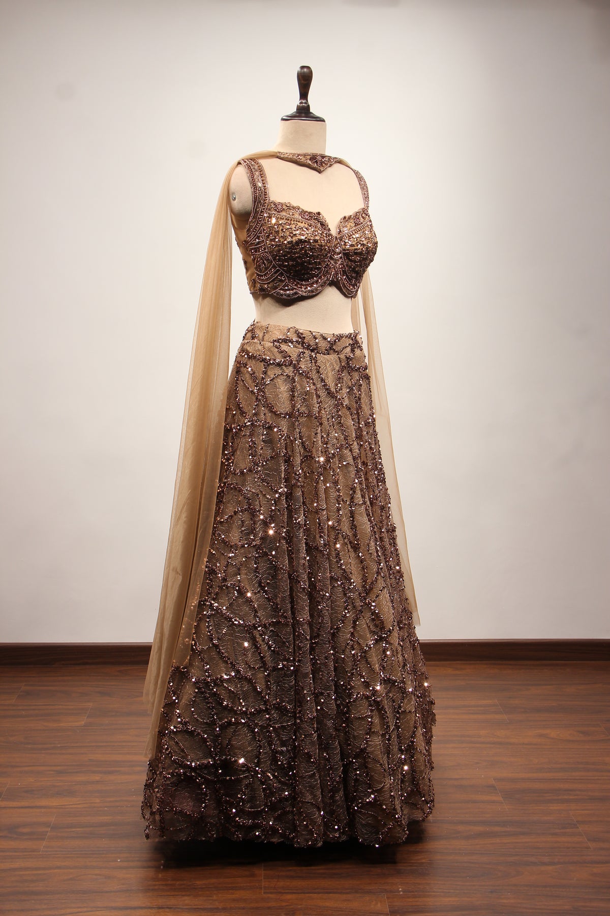 Coffee Imported Lehenga with Mirror & Cut Dana Handwork Crop Top – other side view