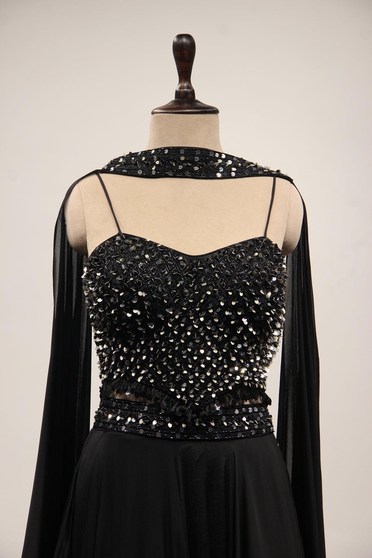 Black Crepe Lehenga with Sequin & Cut Dana Handwork Corset Blouse
