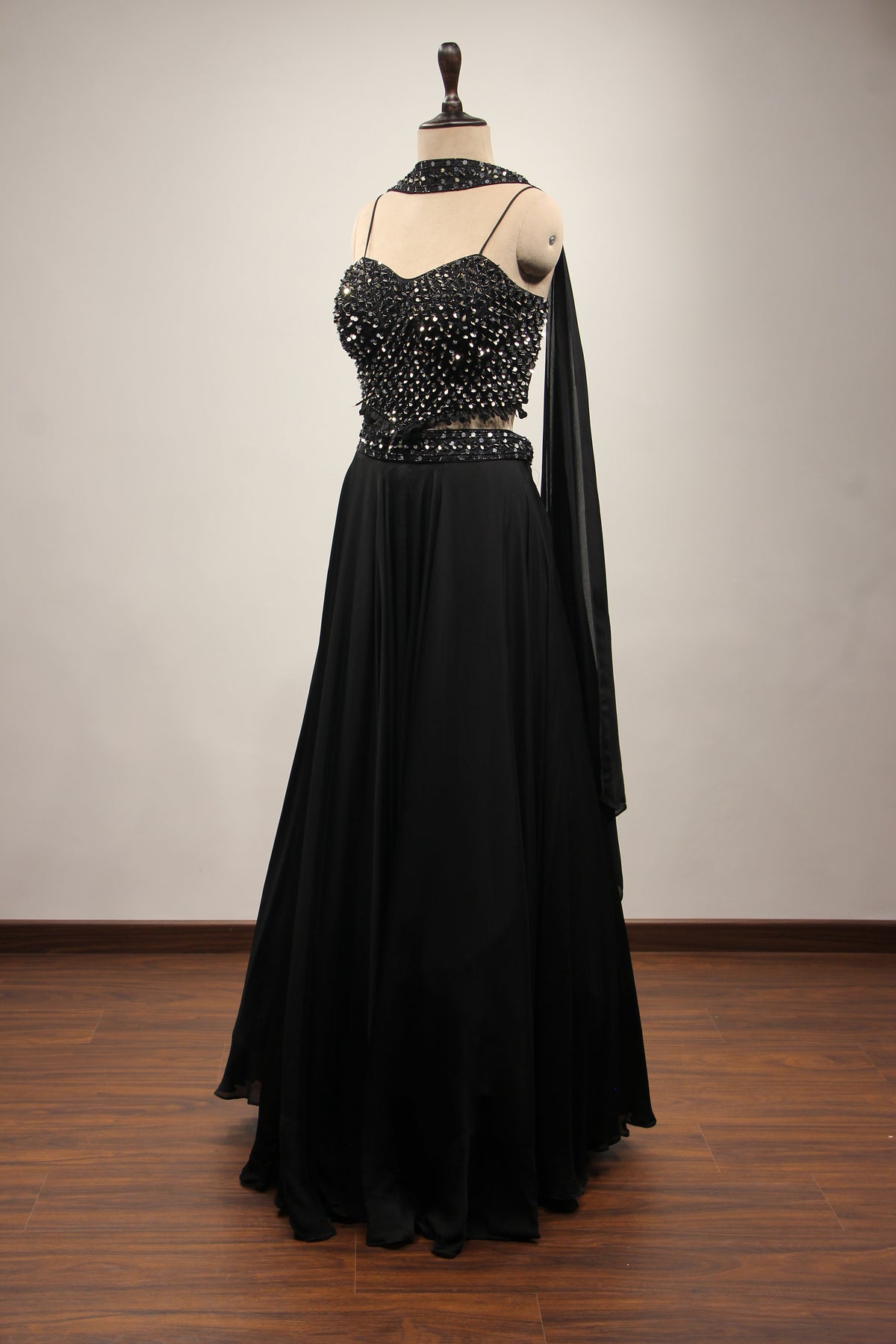 Black Crepe Lehenga with Sequin & Cut Dana Handwork Corset Blouse