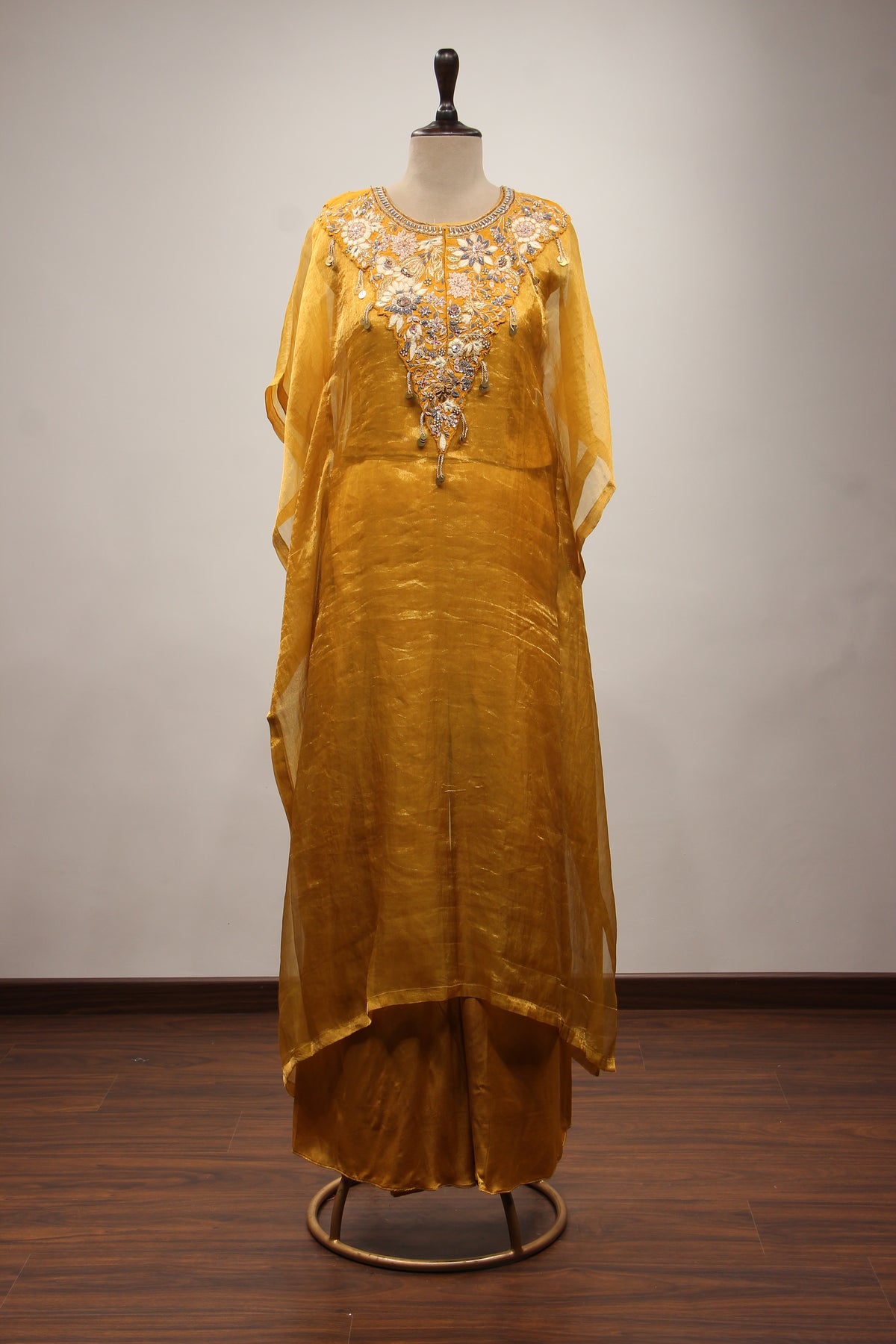 Mustard Orgenza Suit with Zardozi & Resham Handwork Kaftan Style