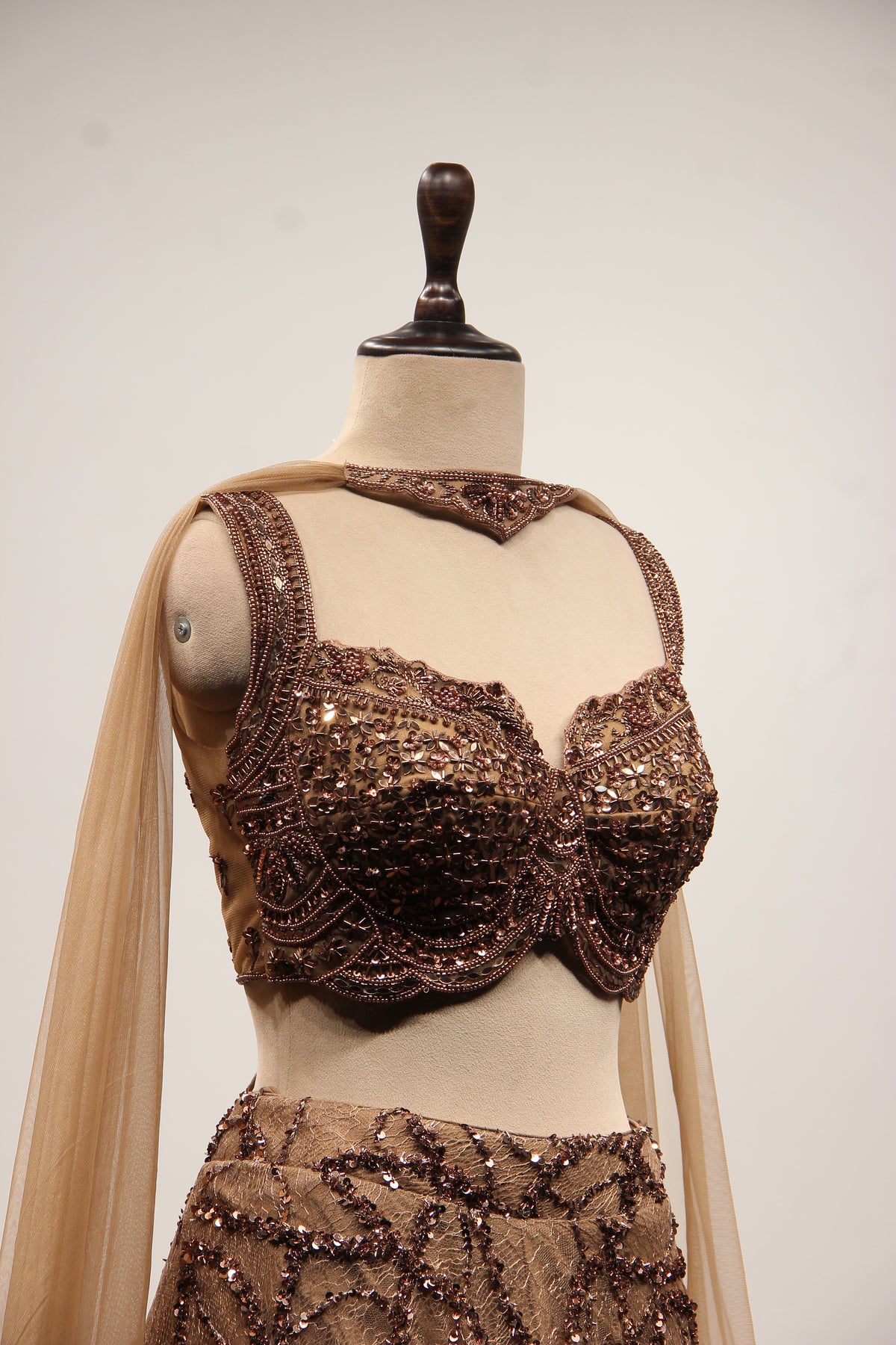 Coffee Imported Lehenga with Mirror & Cut Dana Handwork Crop Top – other side close-up