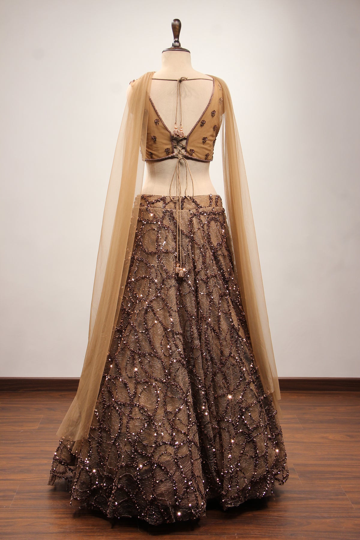 Coffee Imported Lehenga with Mirror & Cut Dana Handwork Crop Top – back view