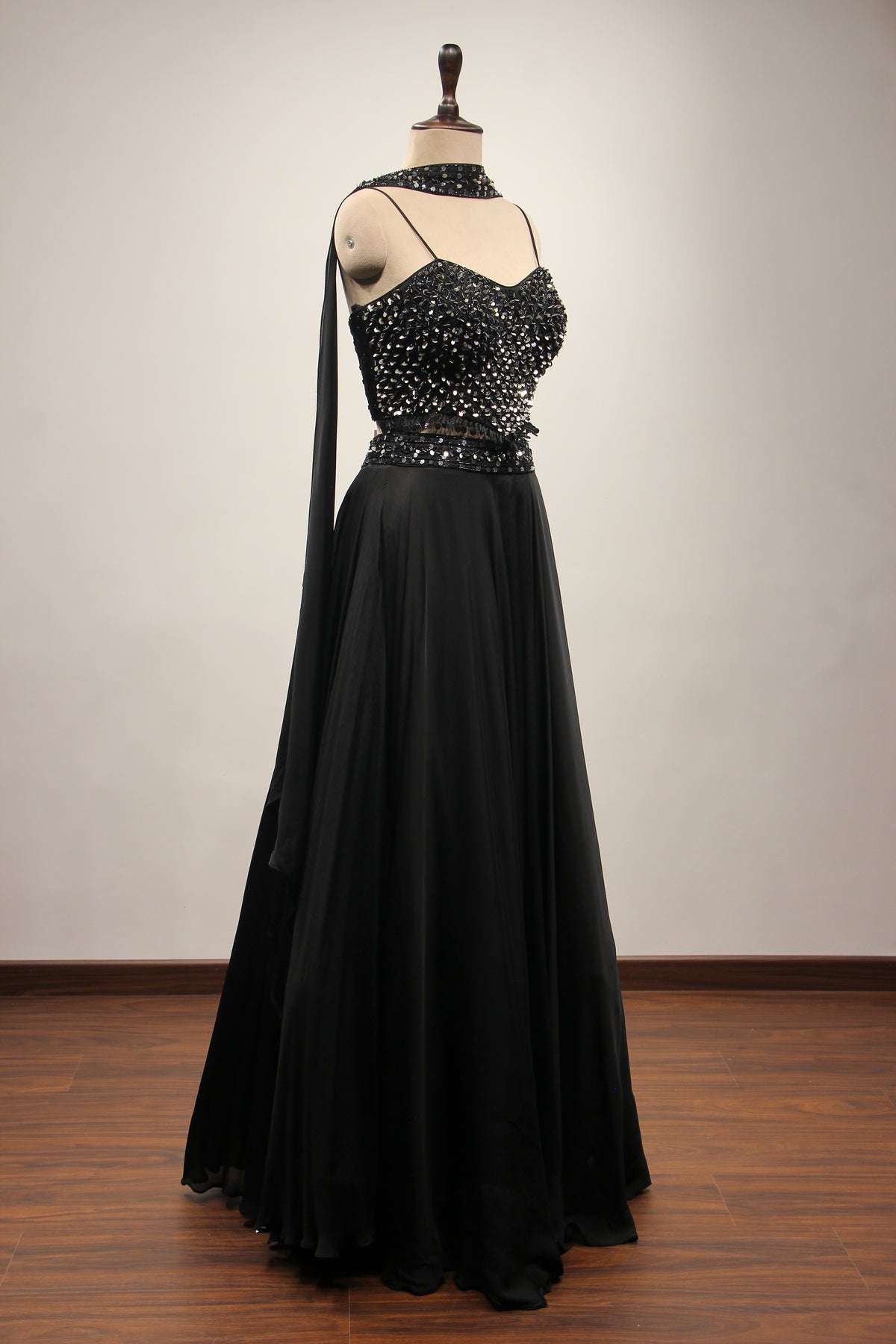 Black Crepe Lehenga with Sequin & Cut Dana Handwork Corset Blouse