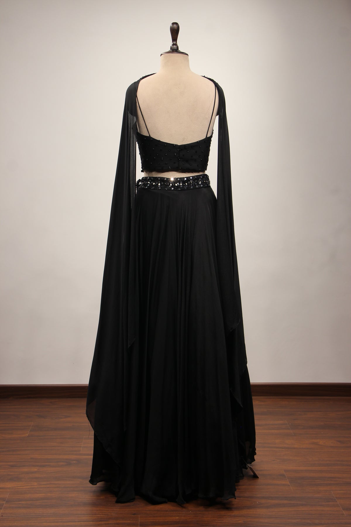 Black Crepe Lehenga with Sequin & Cut Dana Handwork Corset Blouse