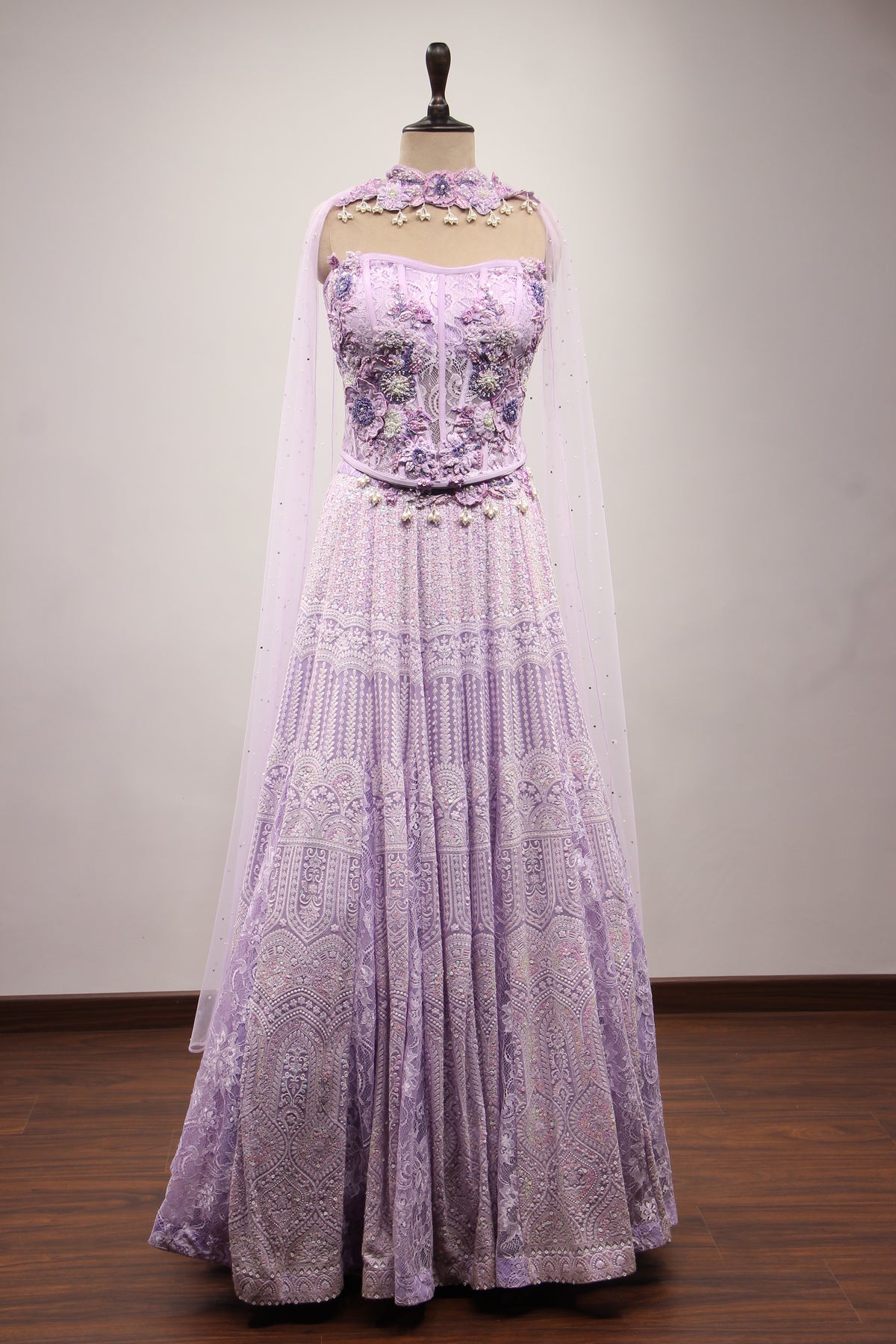 Lavender Lucknavi Lehenga with Resham & Bead Handwork Corset