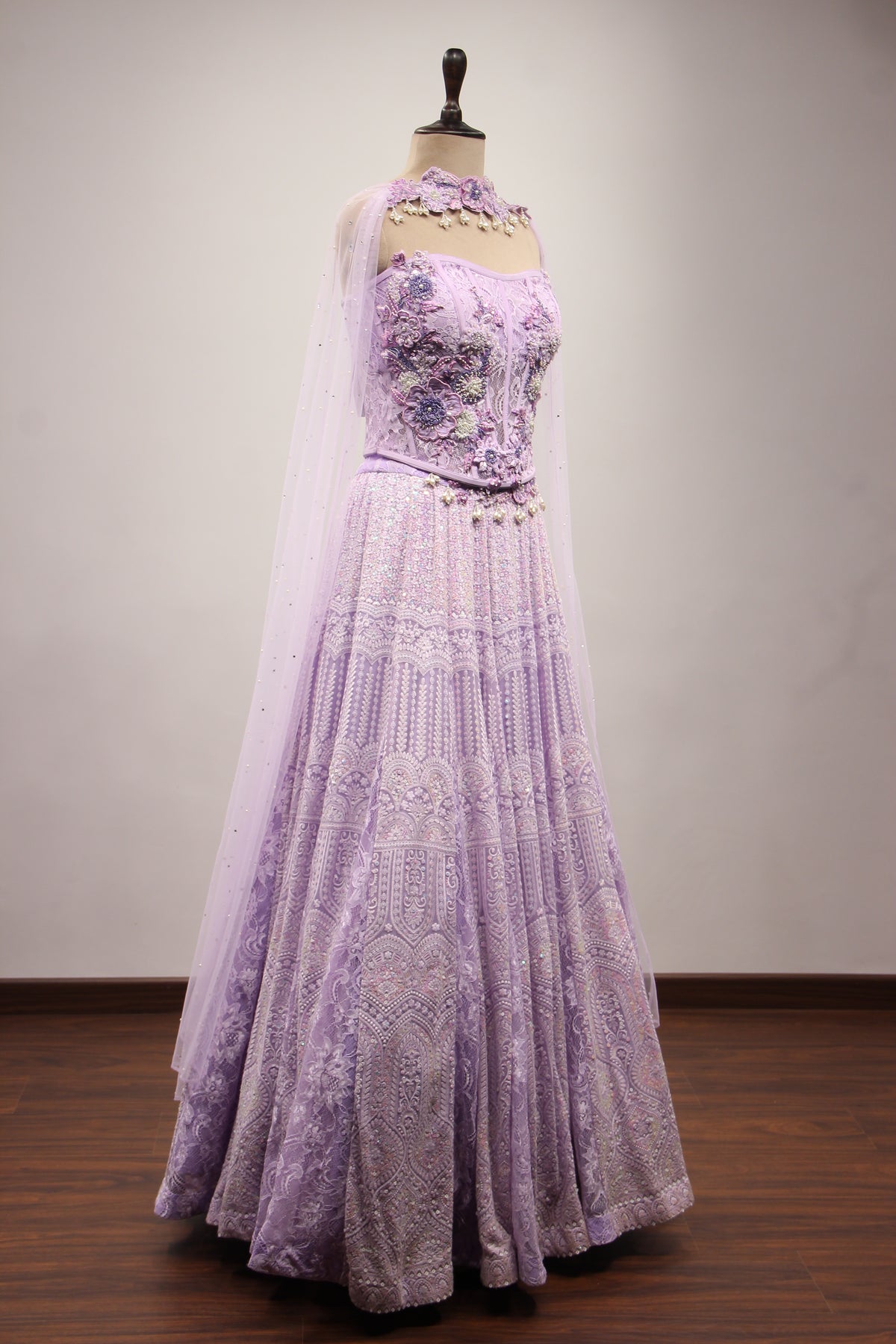 Lavender Lucknavi Lehenga with Resham & Bead Handwork Corset