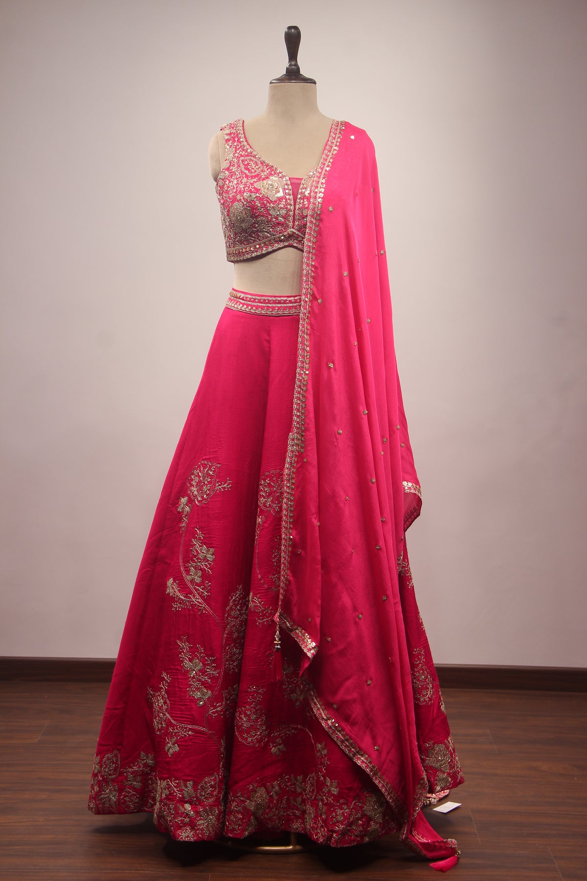 Rani Dupion Lehenga with Floral Zari & Sequin Handwork V-Neck Crop Top – front view