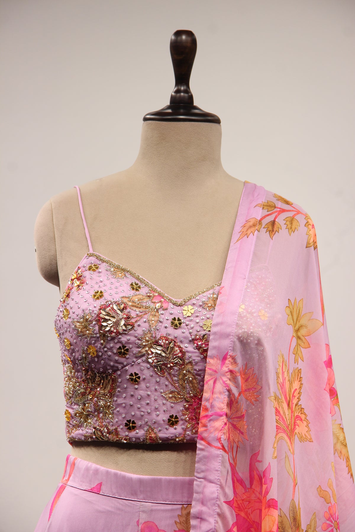 Lavender Organza Lehenga with Printed & Cut Dana Handwork Corset
