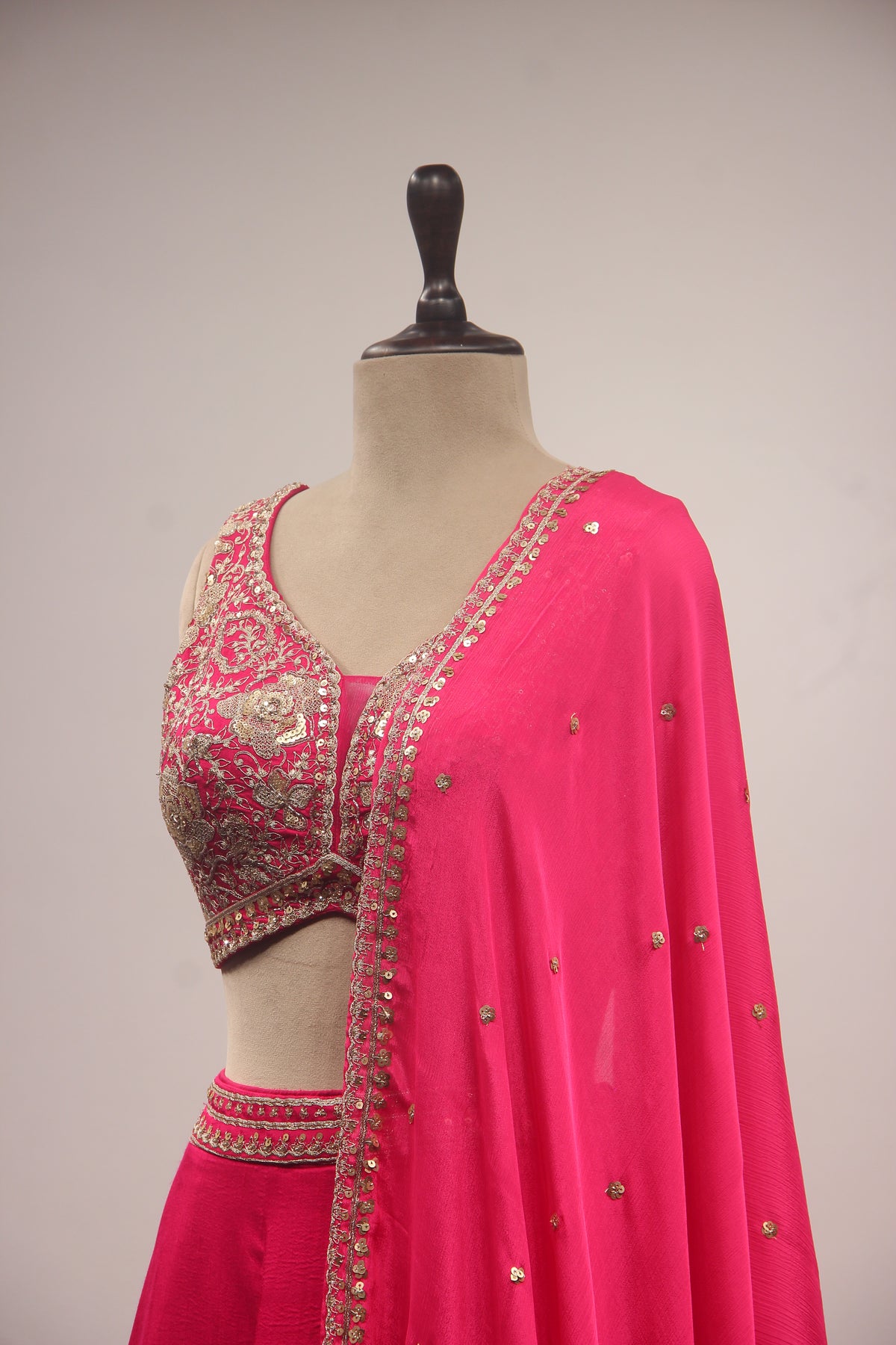 Rani Dupion Lehenga with Floral Zari & Sequin Handwork V-Neck Crop Top – side close-up