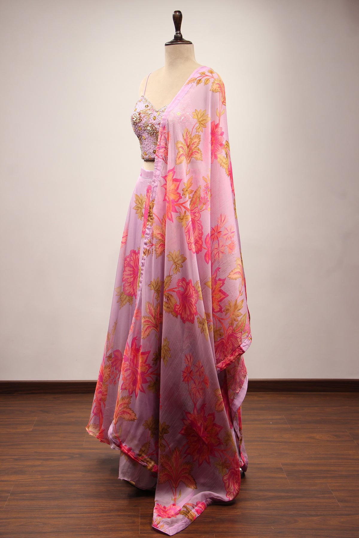 Lavender Organza Lehenga with Printed & Cut Dana Handwork Corset