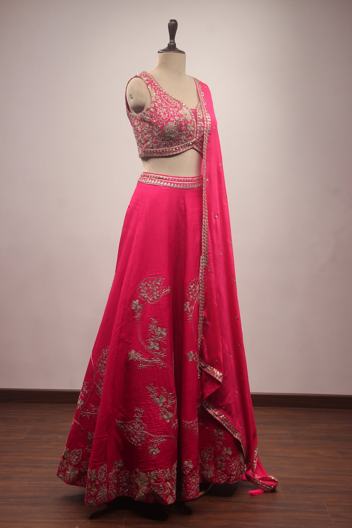Rani Dupion Lehenga with Floral Zari & Sequin Handwork V-Neck Crop Top – other side view