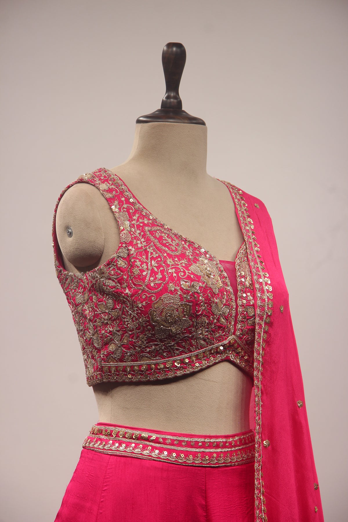 Rani Dupion Lehenga with Floral Zari & Sequin Handwork V-Neck Crop Top – other side close-up