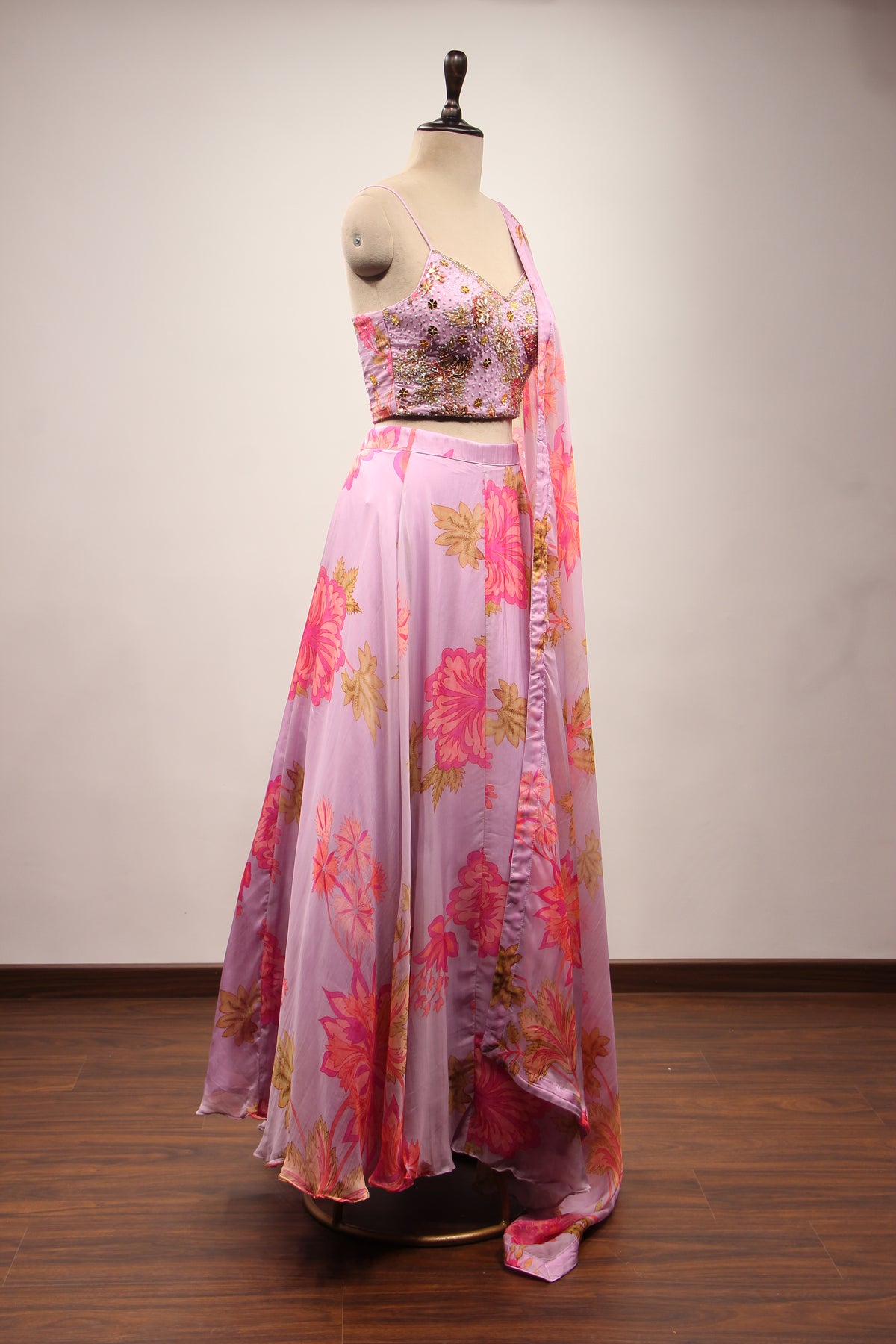 Lavender Organza Lehenga with Printed & Cut Dana Handwork Corset