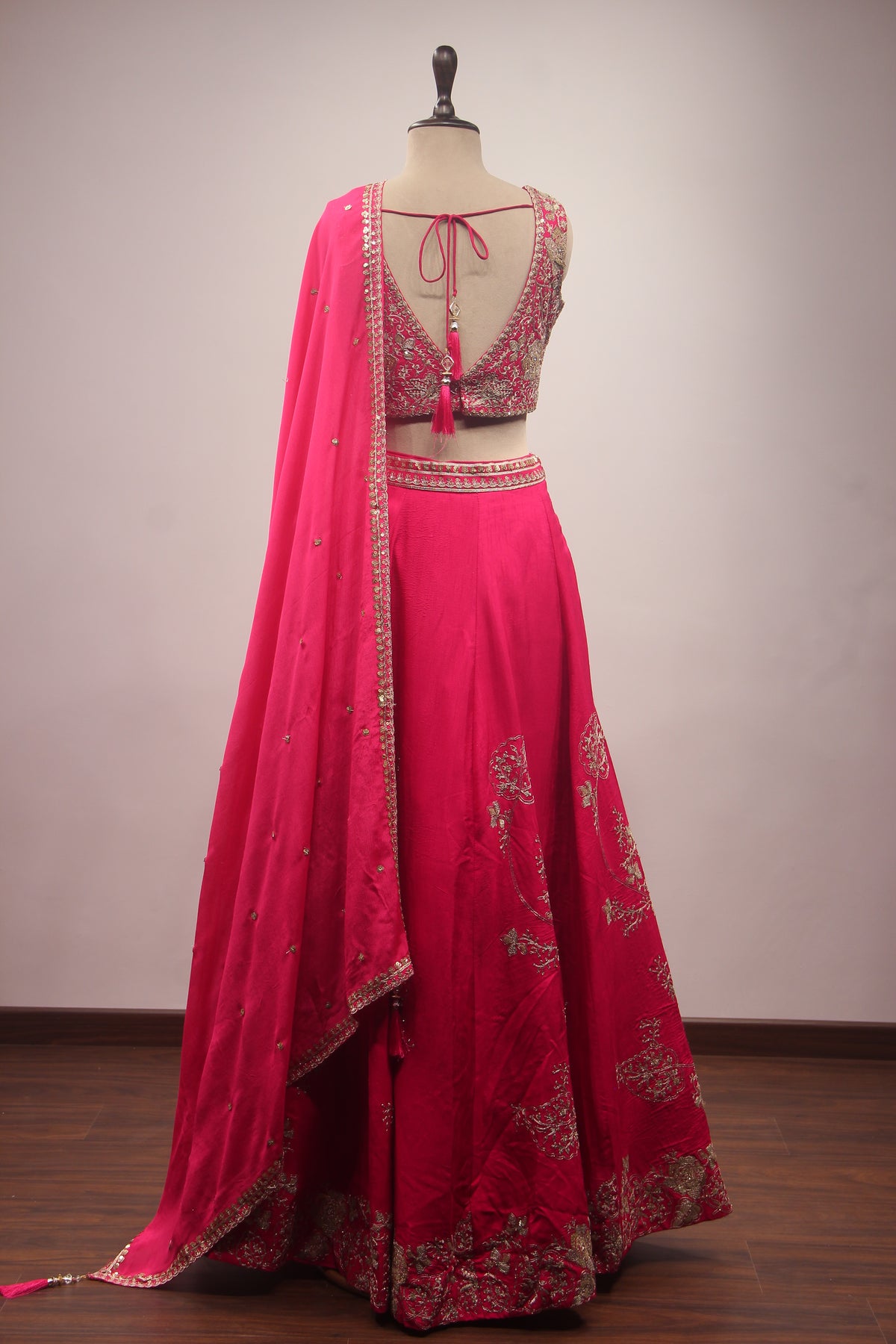 Rani Dupion Lehenga with Floral Zari & Sequin Handwork V-Neck Crop Top – back view