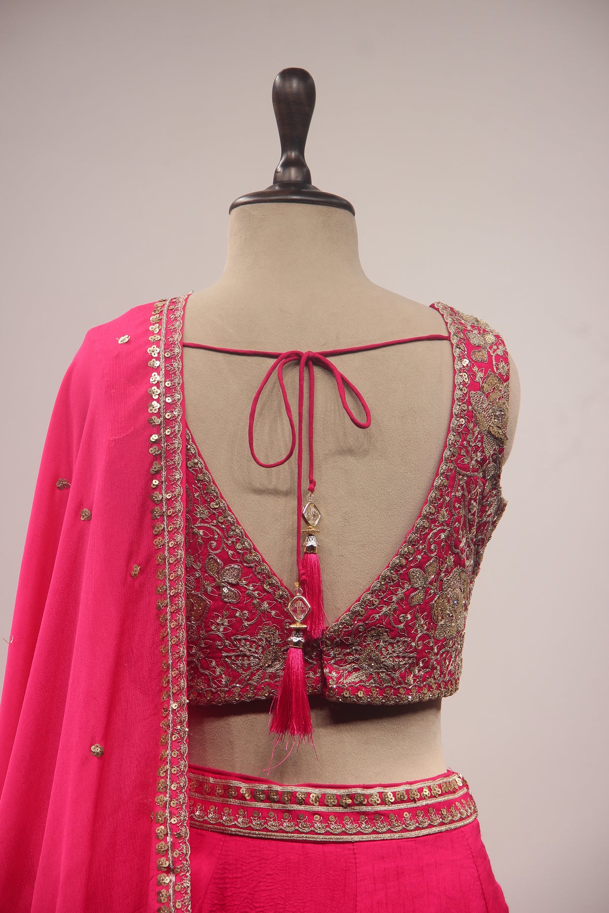 Rani Dupion Lehenga with Floral Zari & Sequin Handwork V-Neck Crop Top – back close-up