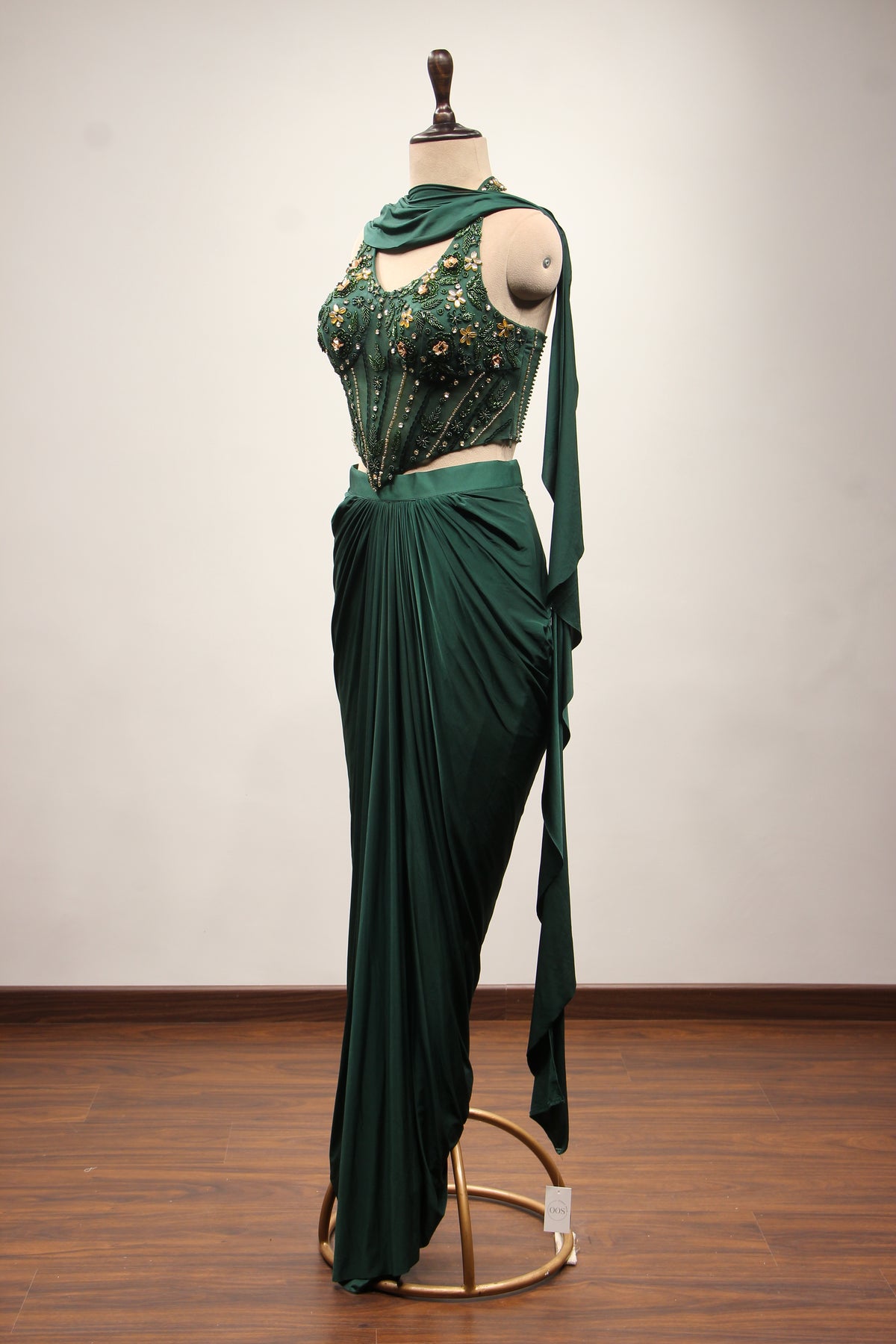 Bottle Green Imported Hand-Embroidered Indo Western, Cut Dana Handwork – side view