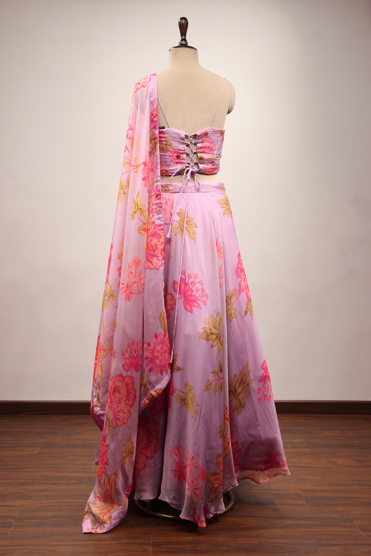 Lavender Organza Lehenga with Printed & Cut Dana Handwork Corset