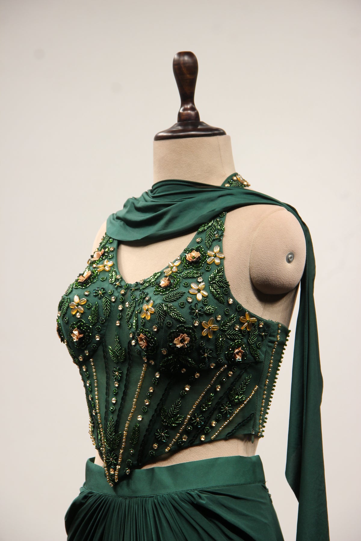Bottle Green Imported Hand-Embroidered Indo Western, Cut Dana Handwork – side close-up