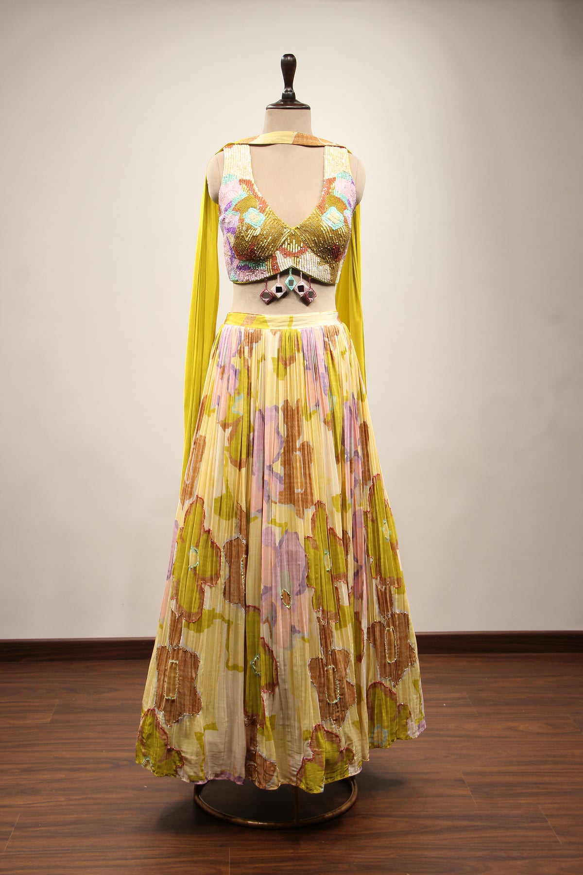 Crepe Lehenga with Hand Embroidery & Cut Dana Crop Top