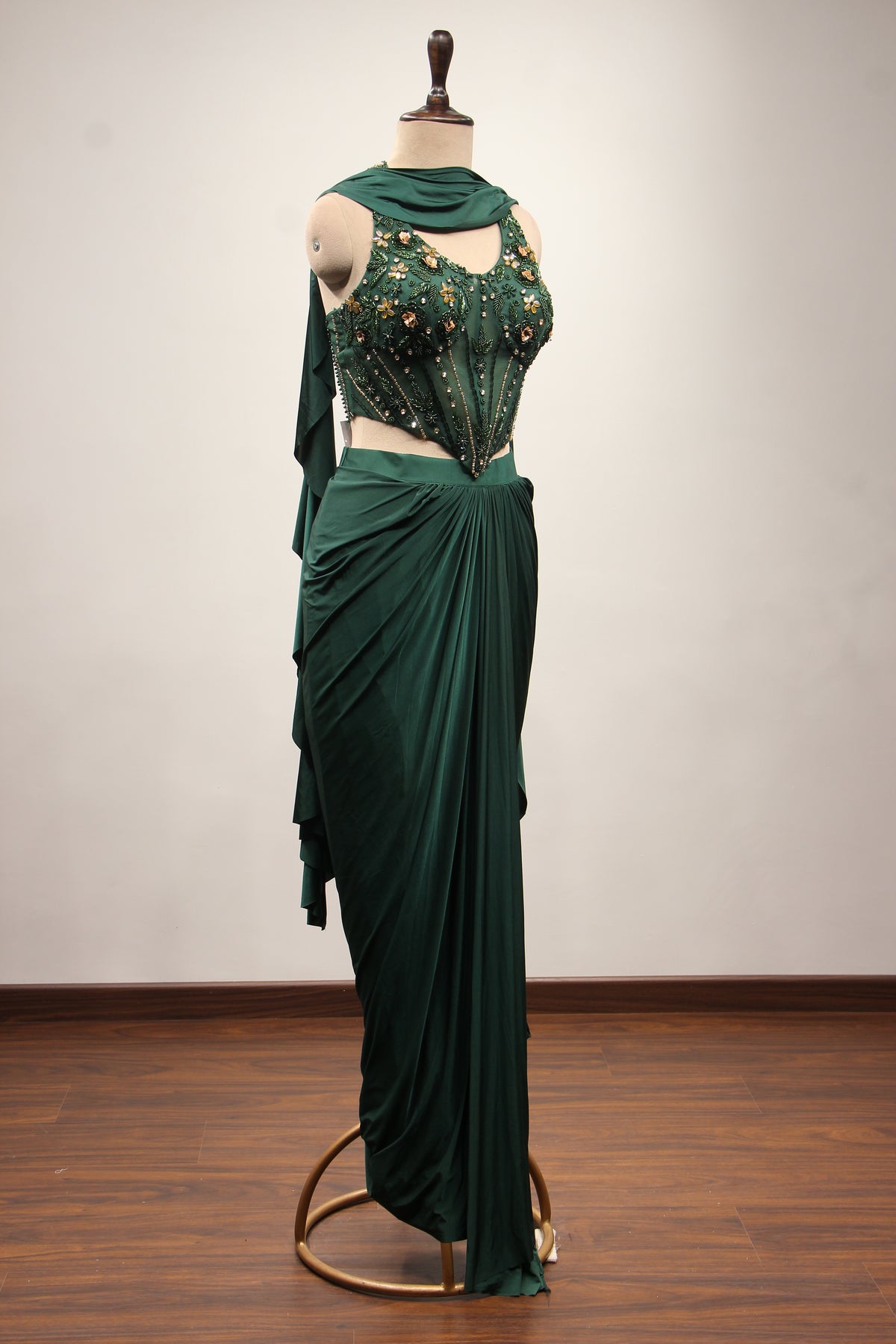 Bottle Green Imported Hand-Embroidered Indo Western, Cut Dana Handwork – other side view