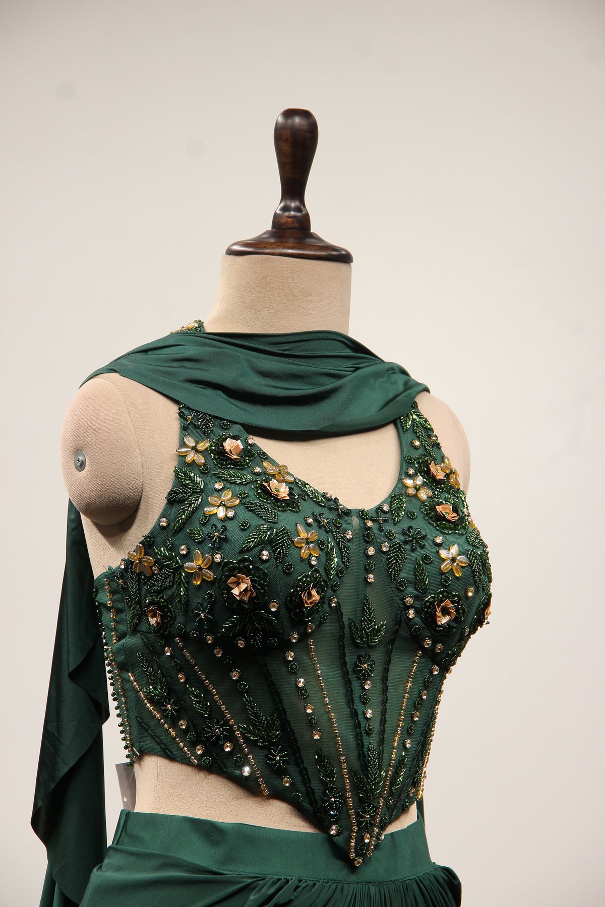 Bottle Green Imported Hand-Embroidered Indo Western, Cut Dana Handwork – other side close-up
