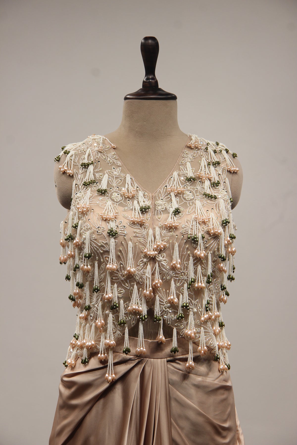 Satin Indo Western Cowl Skirt with Cut Dana Handwork & Tassel Jacket in Beige – front close-up