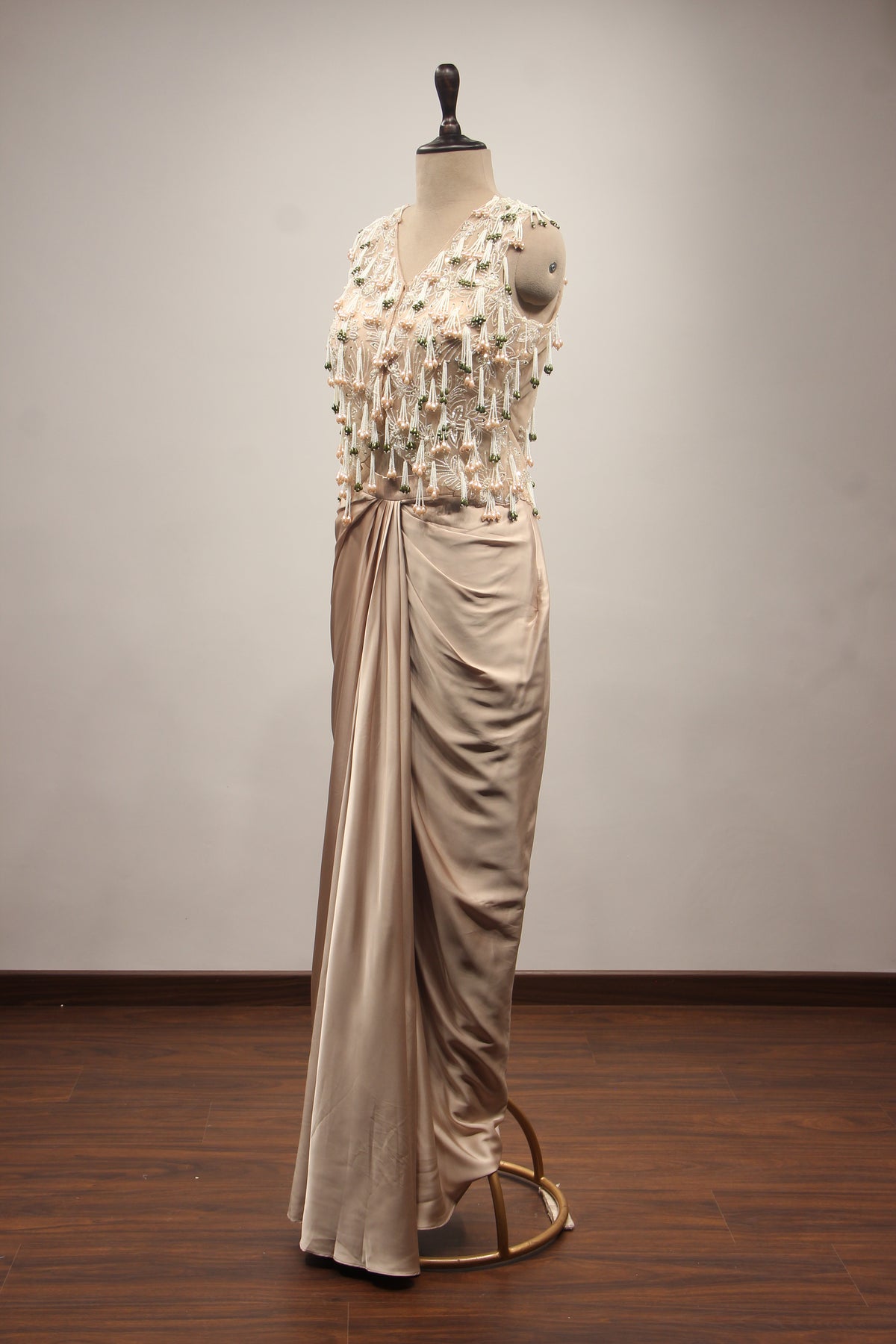 Satin Indo Western Cowl Skirt with Cut Dana Handwork & Tassel Jacket in Beige – side view