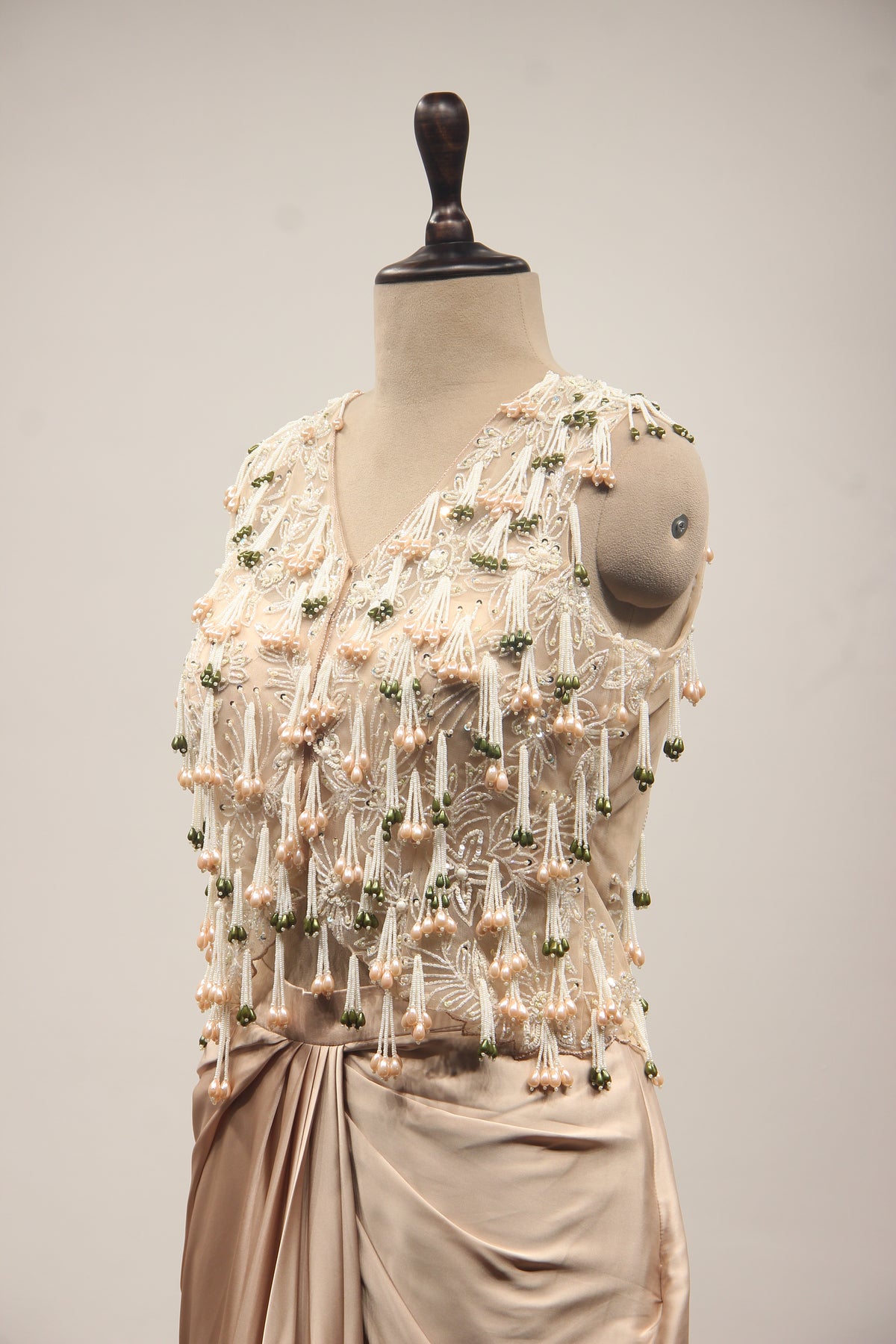 Satin Indo Western Cowl Skirt with Cut Dana Handwork & Tassel Jacket in Beige – side close-up