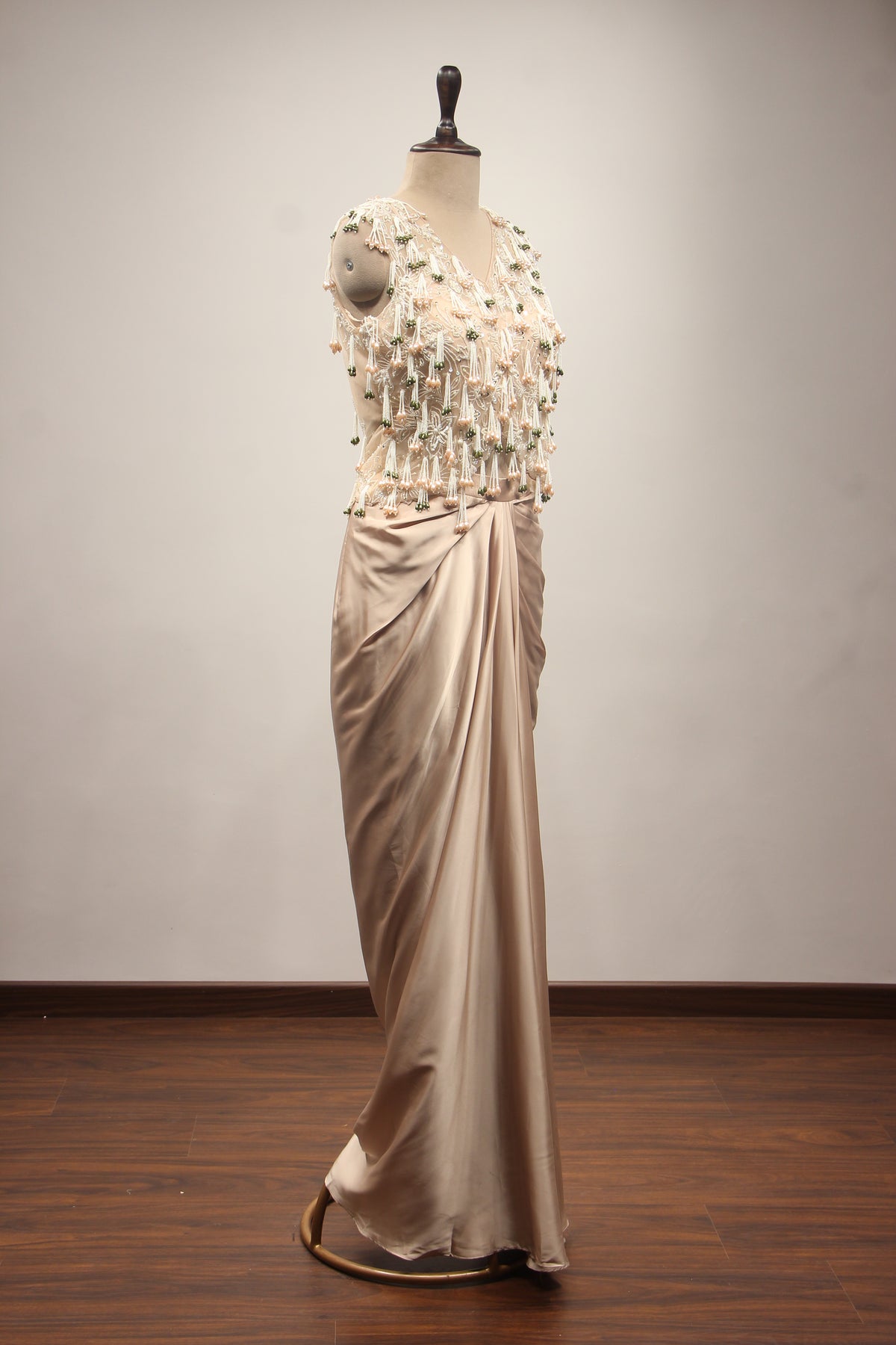 Satin Indo Western Cowl Skirt with Cut Dana Handwork & Tassel Jacket in Beige – other side view