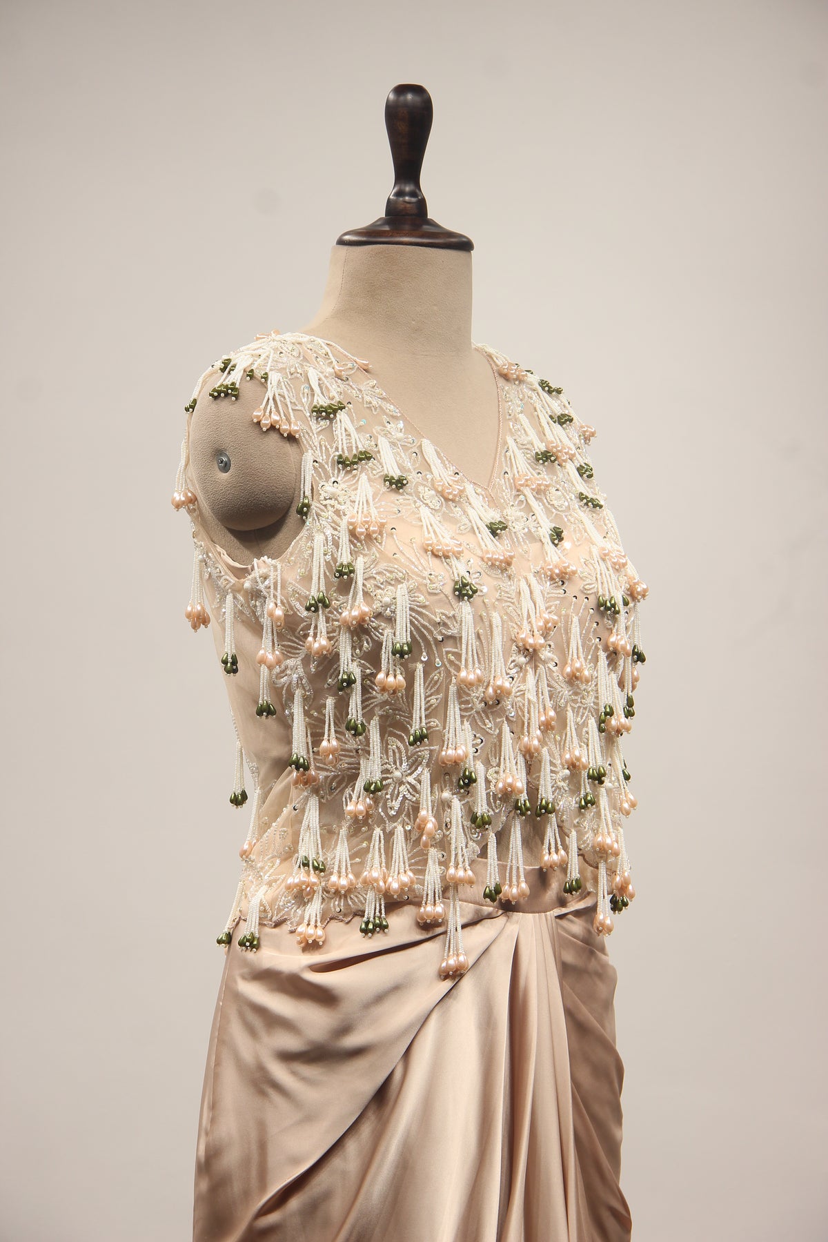 Satin Indo Western Cowl Skirt with Cut Dana Handwork & Tassel Jacket in Beige – other side close-up
