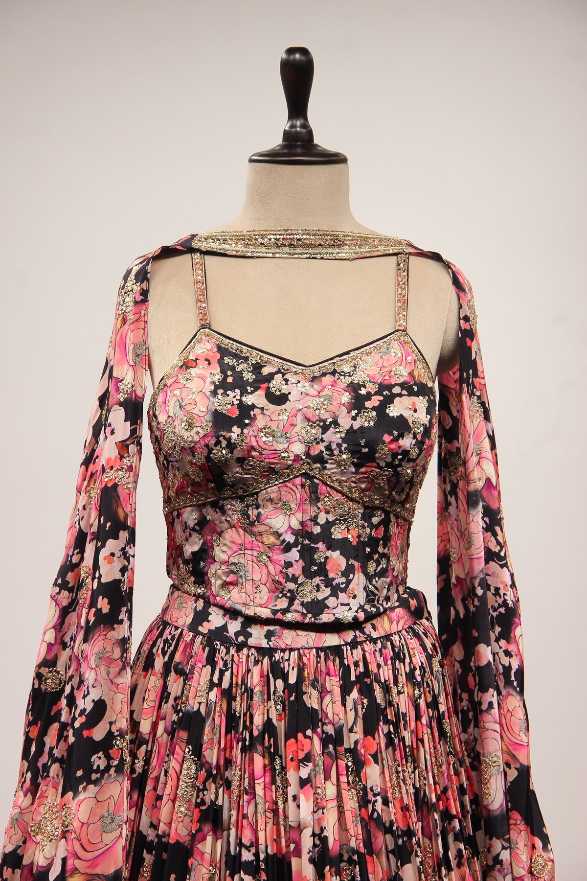 Black Crepe Lehenga with Floral Print & Hand Embroidery Corset