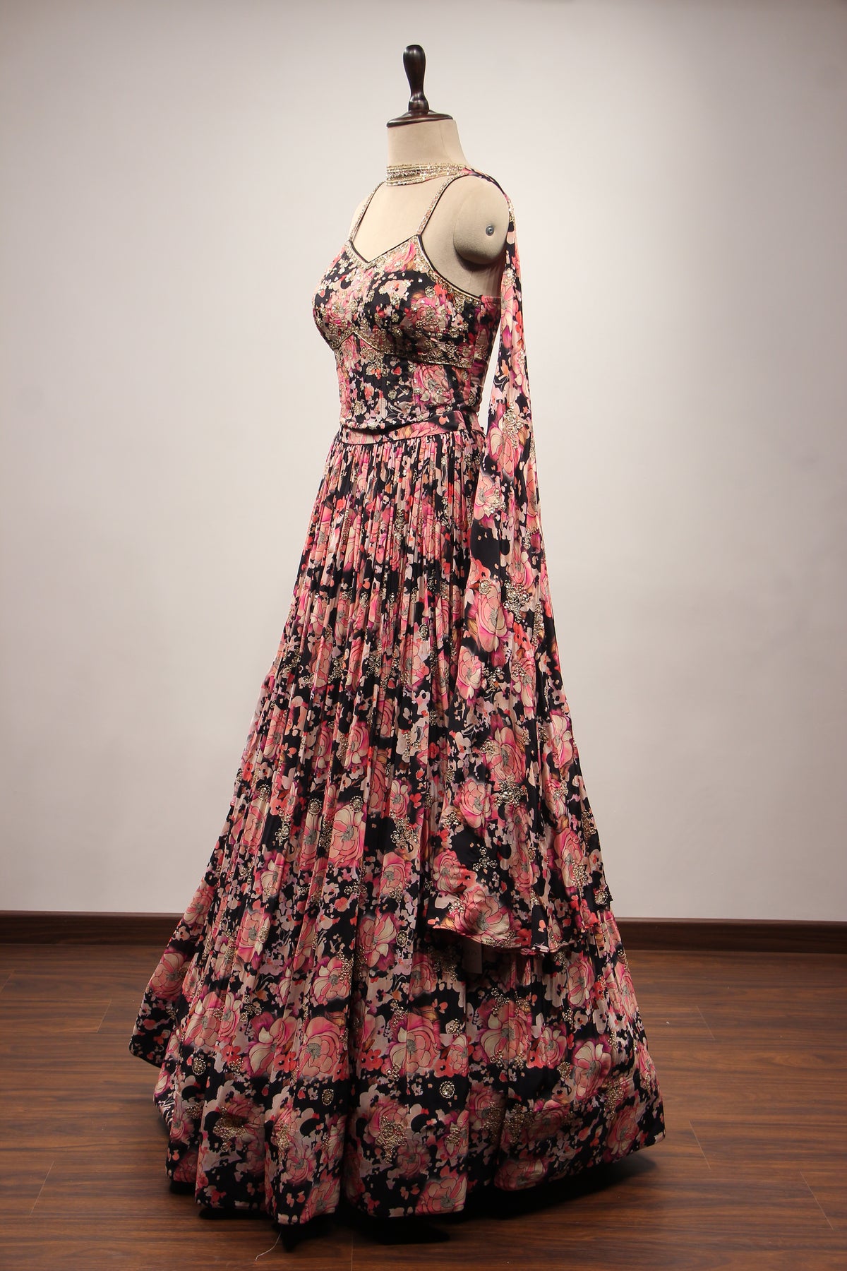 Black Crepe Lehenga with Floral Print & Hand Embroidery Corset
