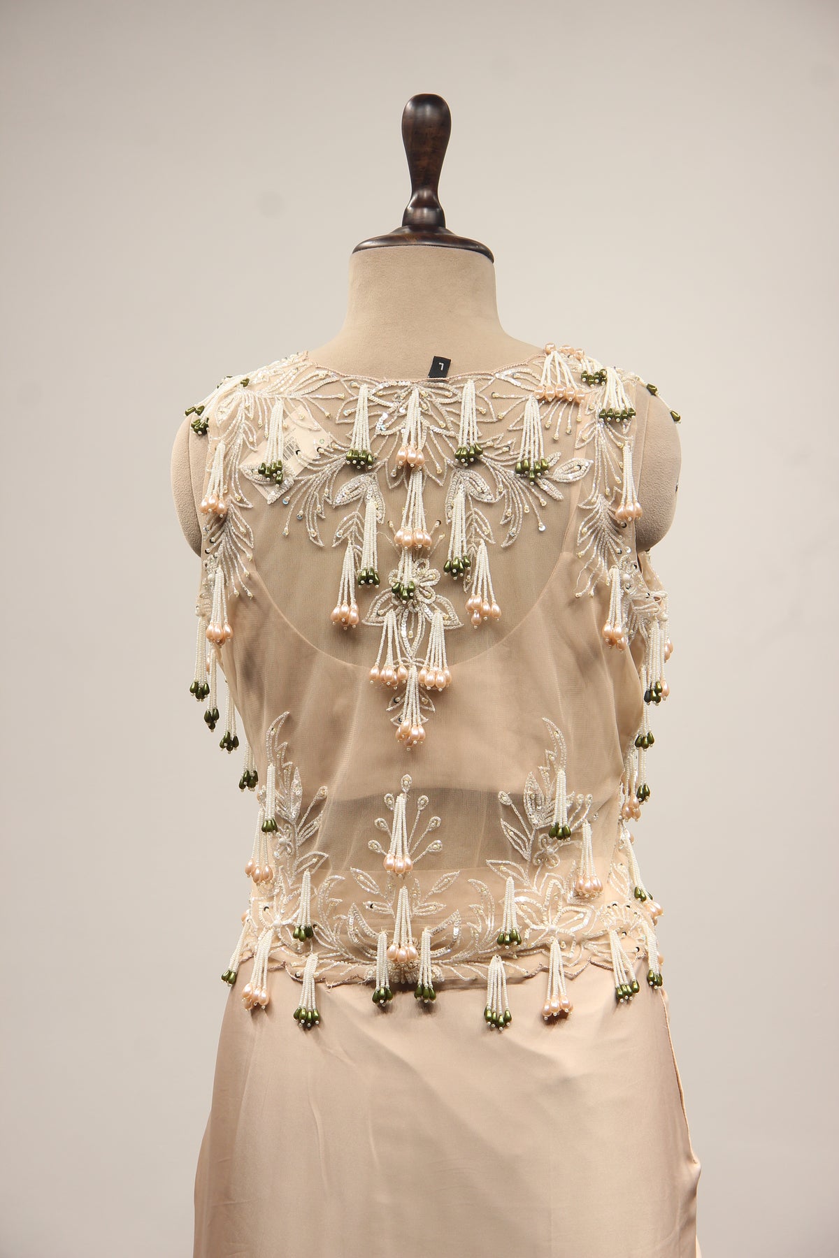 Satin Indo Western Cowl Skirt with Cut Dana Handwork & Tassel Jacket in Beige – back close-up