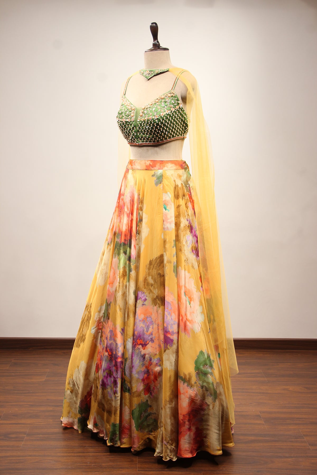 Multicolor Floral Crepe Lehenga with Printed & Bead Handwork Crop Top – side view