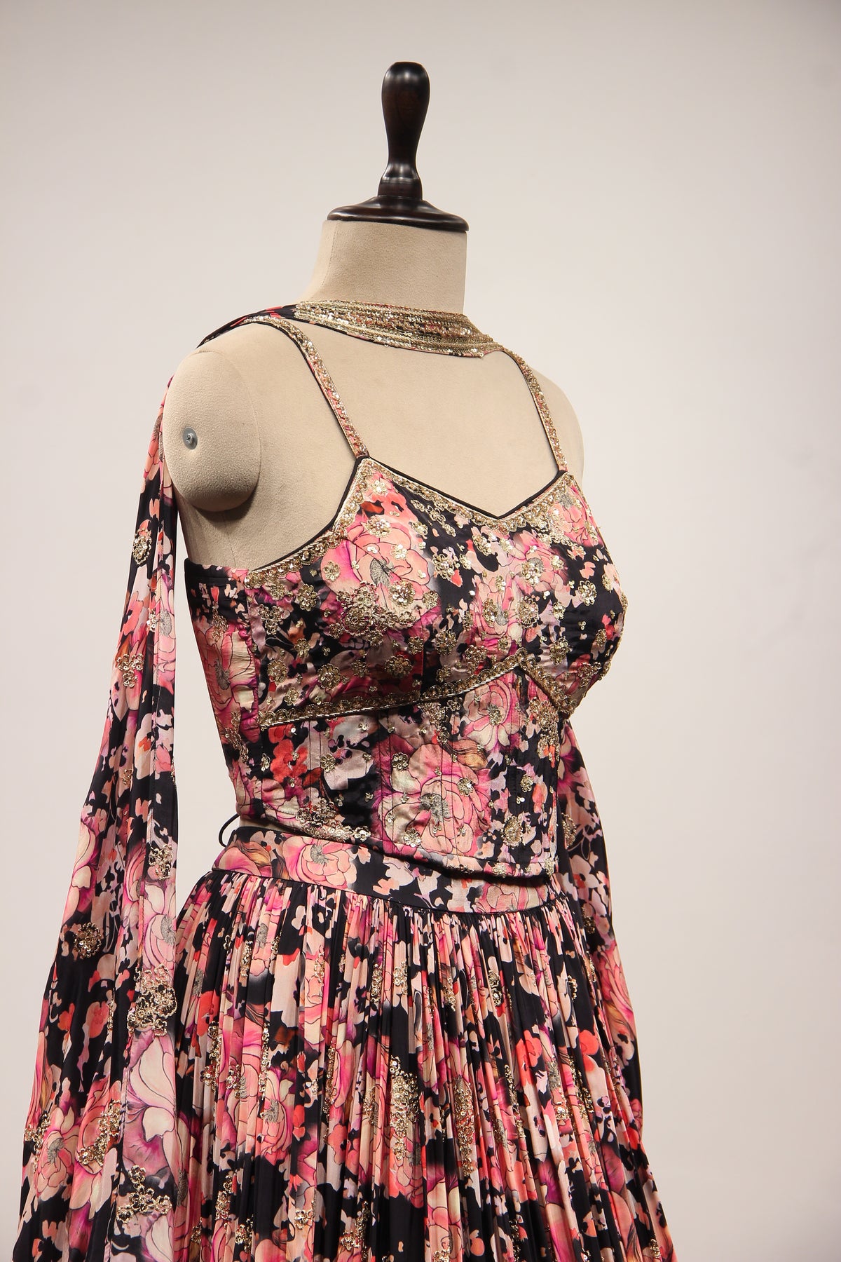 Black Crepe Lehenga with Floral Print & Hand Embroidery Corset