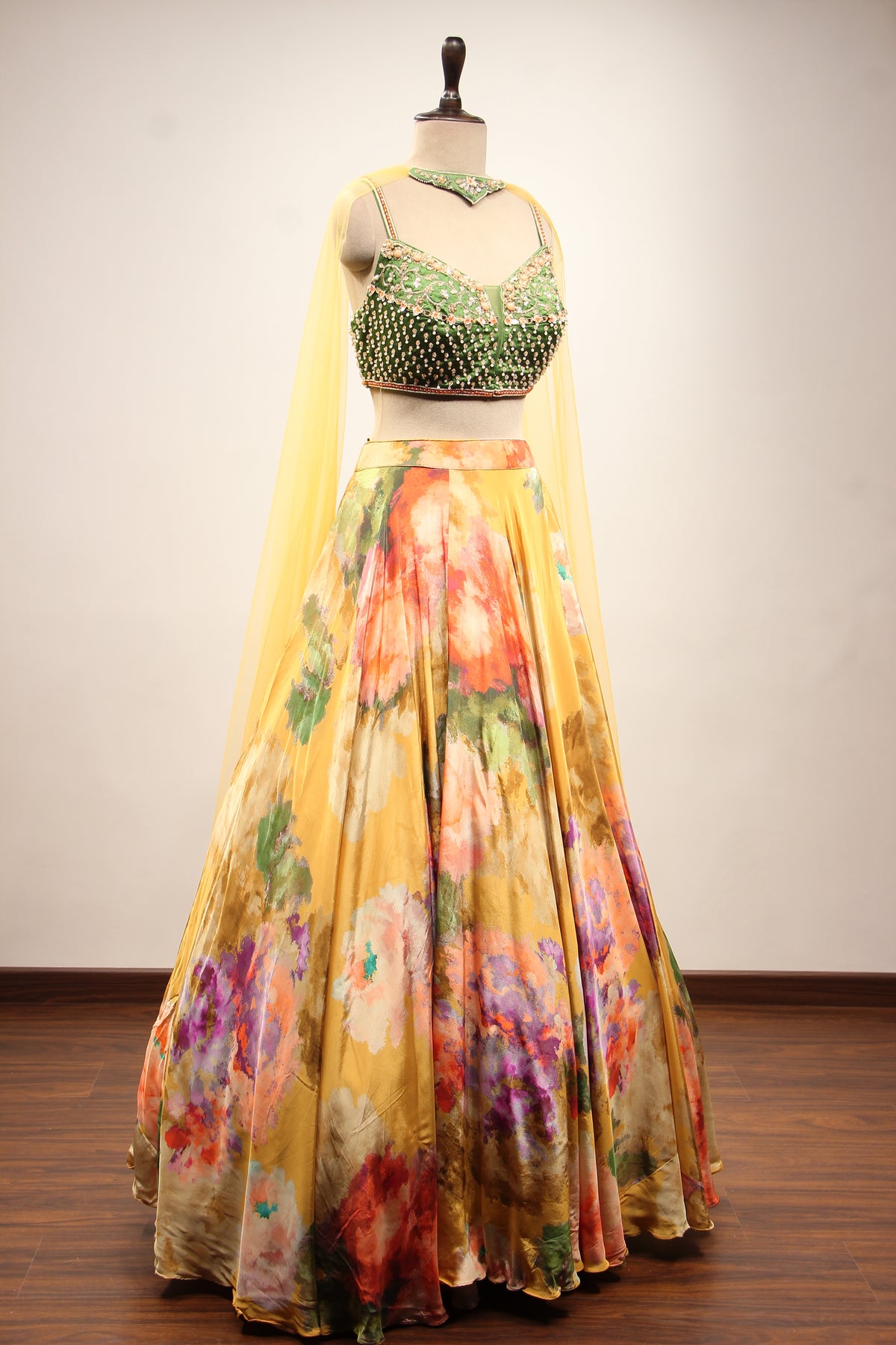 Multicolor Floral Crepe Lehenga with Printed & Bead Handwork Crop Top – other side view