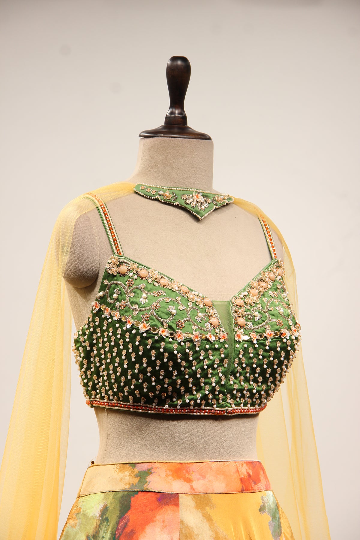 Multicolor Floral Crepe Lehenga with Printed & Bead Handwork Crop Top – other side close-up