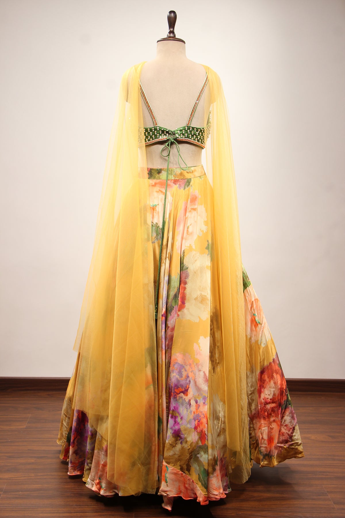 Multicolor Floral Crepe Lehenga with Printed & Bead Handwork Crop Top – back view