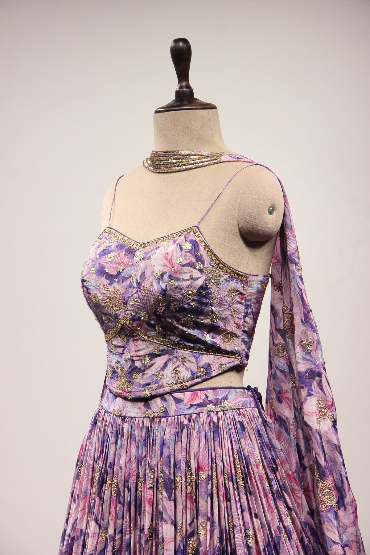 Purple Crepe Lehenga with Printed & Hand Embroidery Corset