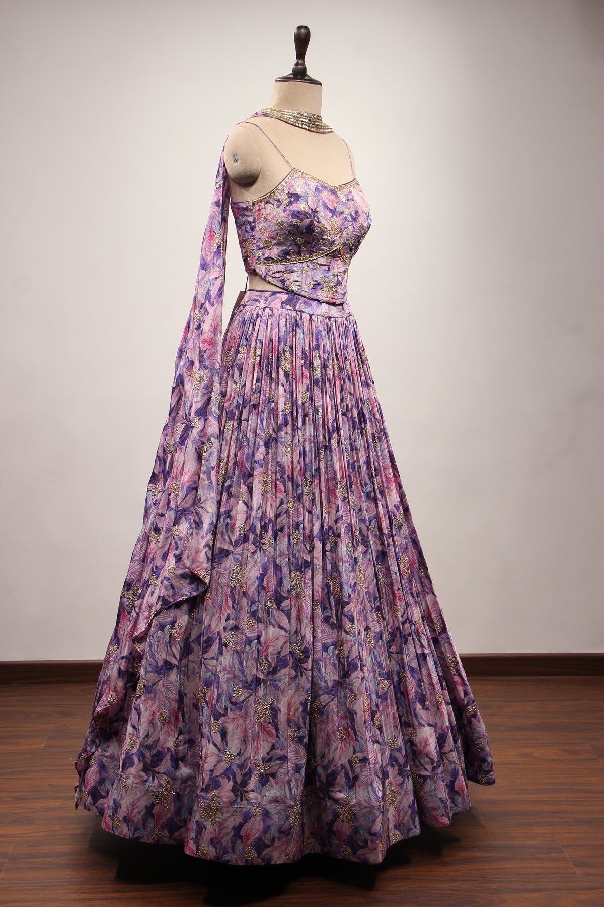 Purple Crepe Lehenga with Printed & Hand Embroidery Corset