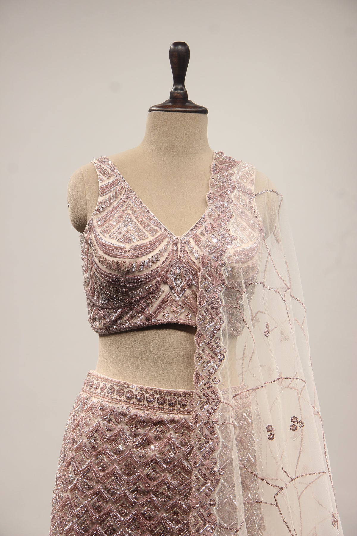 Baby Pink Net Mermaid Lehenga with Cut Dana & Sequin Handwork – front close-up