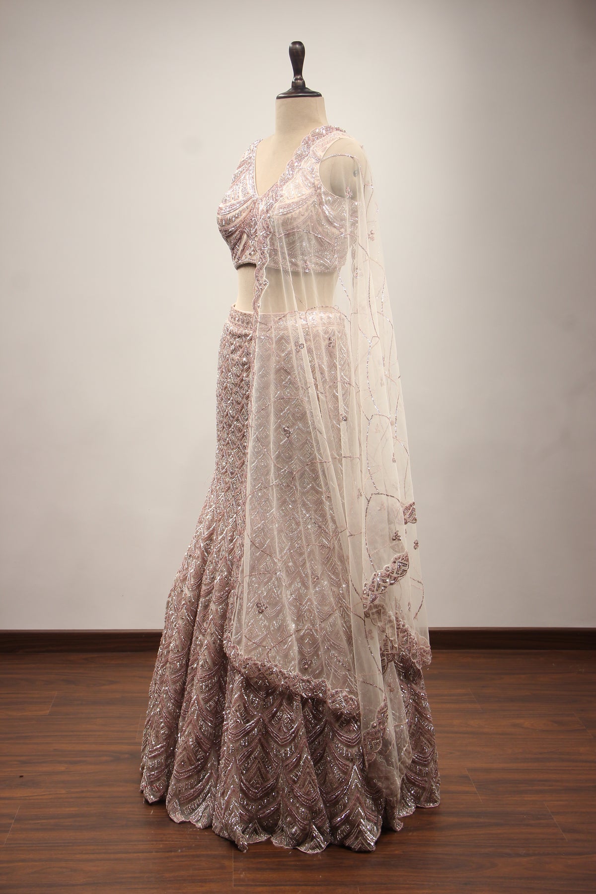 Baby Pink Net Mermaid Lehenga with Cut Dana & Sequin Handwork – side view
