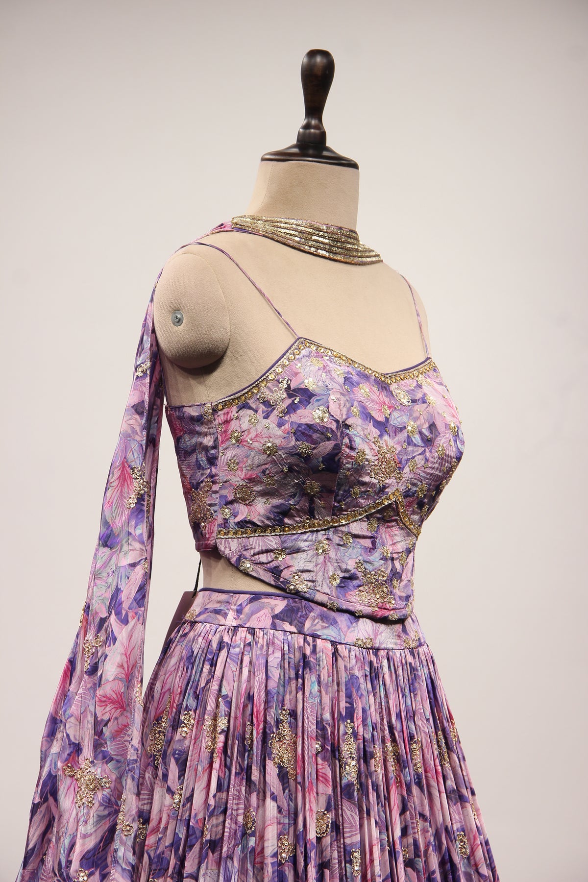 Purple Crepe Lehenga with Printed & Hand Embroidery Corset