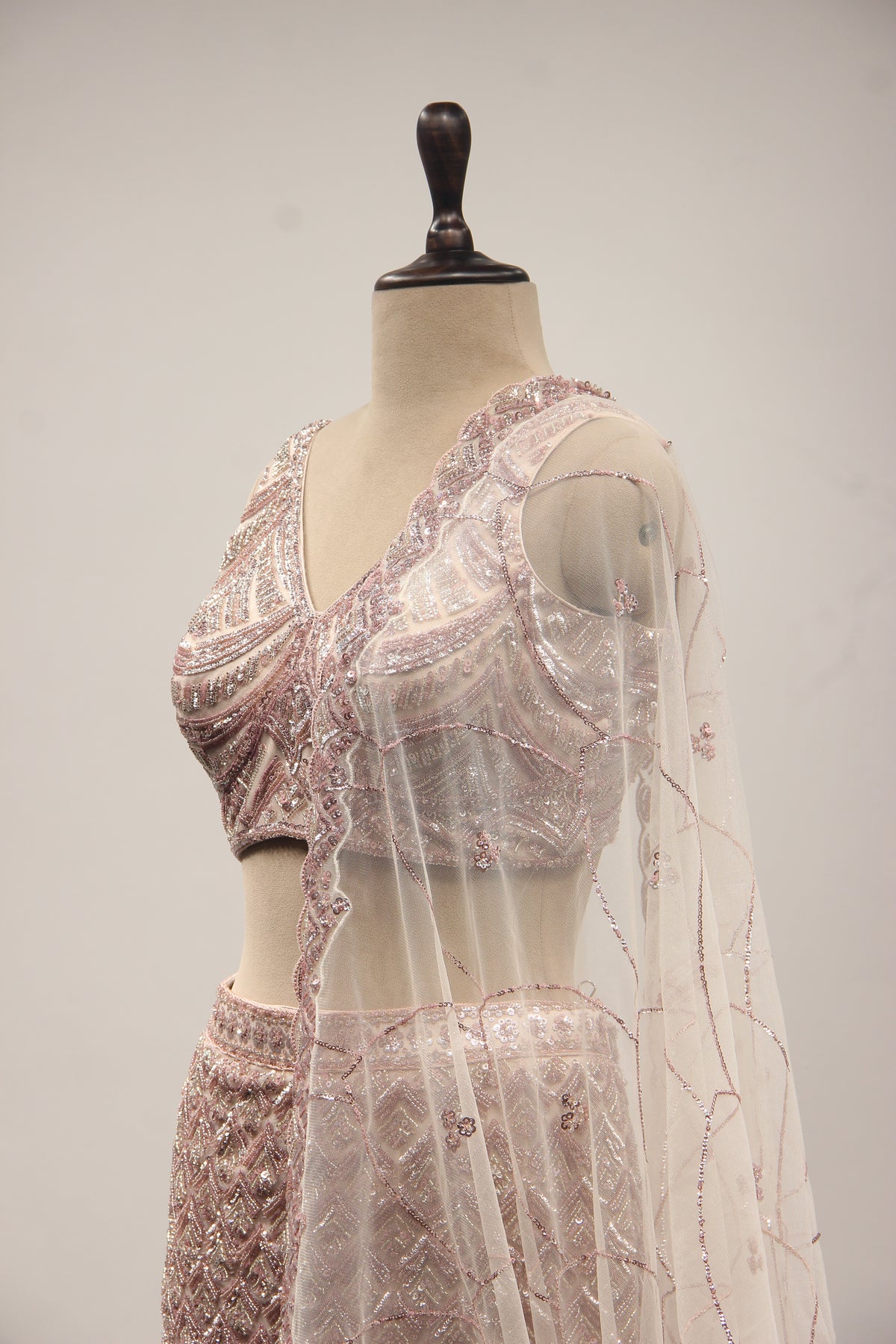Baby Pink Net Mermaid Lehenga with Cut Dana & Sequin Handwork – side close-up