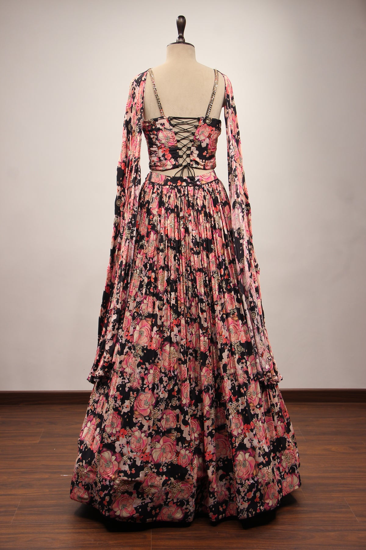 Black Crepe Lehenga with Floral Print & Hand Embroidery Corset